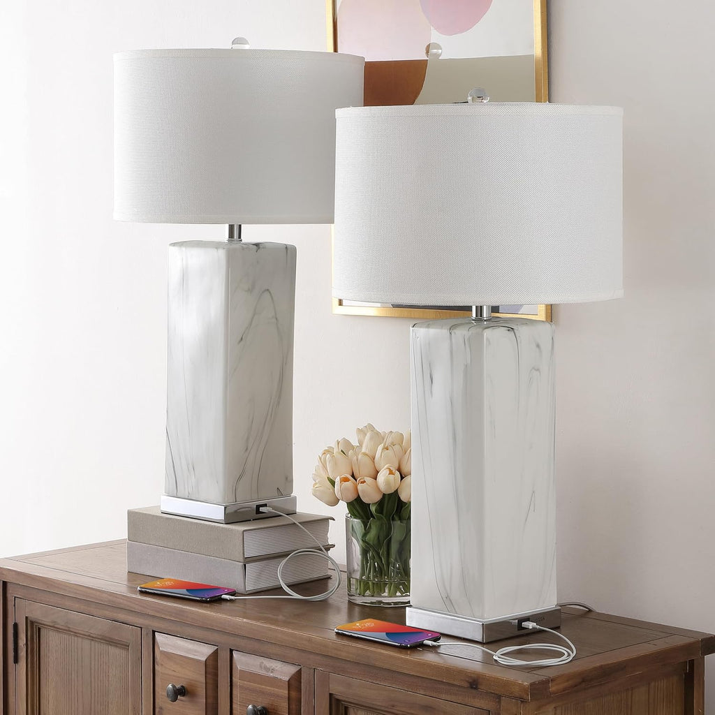 SAFAVIEH Lighting Collection Olympia Black/White 29-inch Table Lamp Set of 2 with USB Charging Port (LED Bulbs Included)