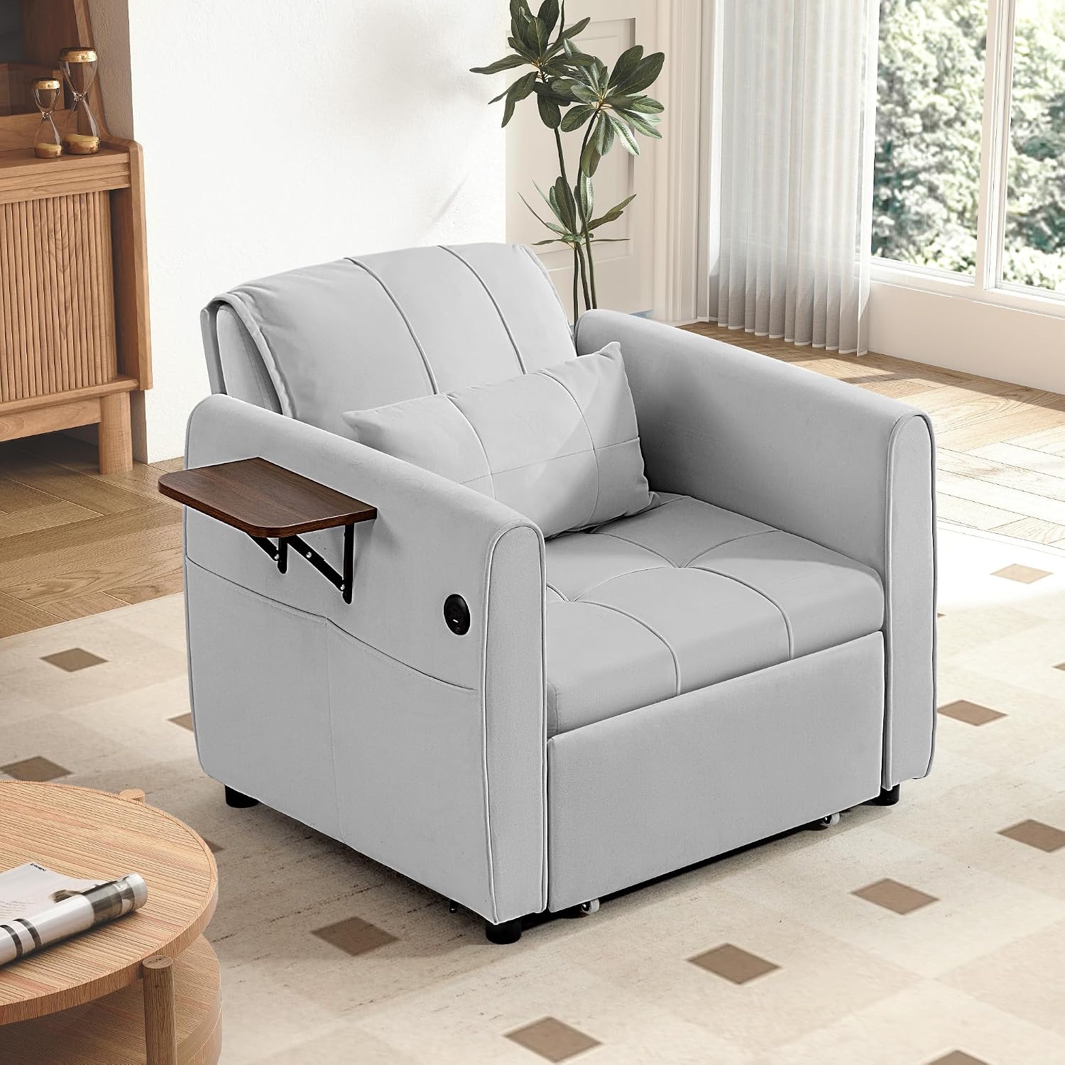 90' Convertible Sofa Chair Bed, 4 in 1 Pull Out Sleeper Chair, Adjustable Backrest Recliner with USB Port, Bottom Storage Basket, Folding Side Table, Lounge Sofa for Living Room Apartment Small Place