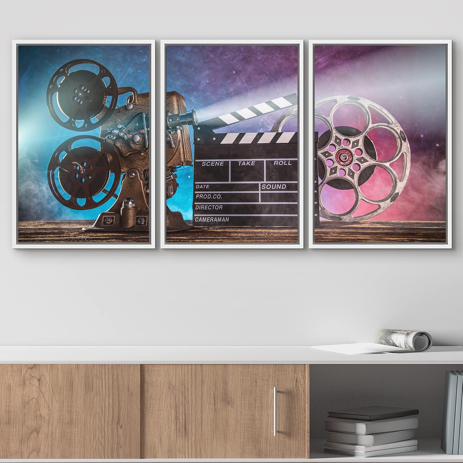wall26 Framed Canvas Print Wall Art Set Hollywood Movie Projector Film Clapperboard Pop Culture Celebrities Photography Realism Decorative Scenic for Living Room, Bedroom, Office - 24'x36'x3 White
