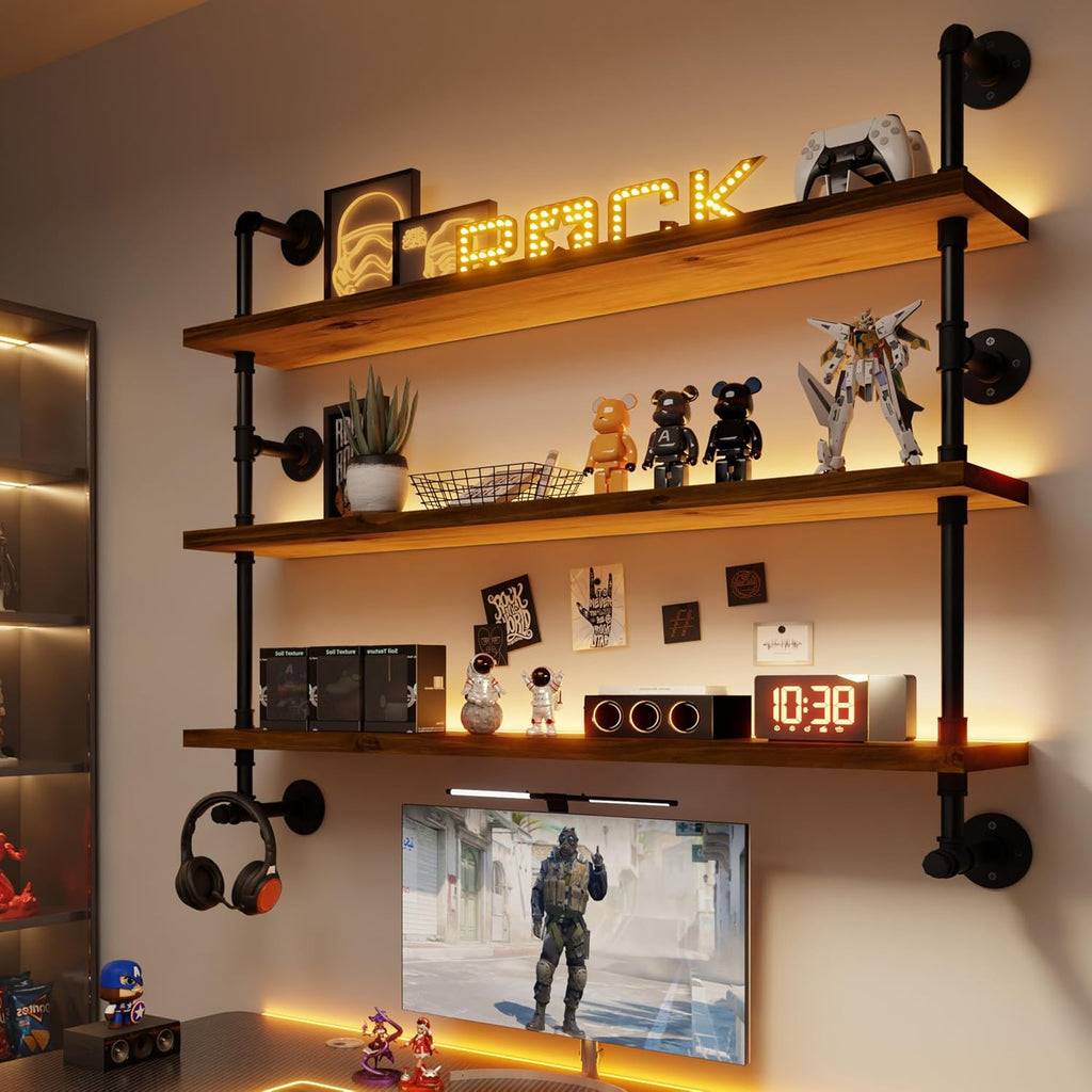ROGMARS LED Gaming Floating Shelves for Wall,Industrial Pipe Shelving 48 inch Coffee Bar Shelves Wall Mounted,Display Book Shelf with Light for Gaming Room Living Room Bedroom Kitchen Garage