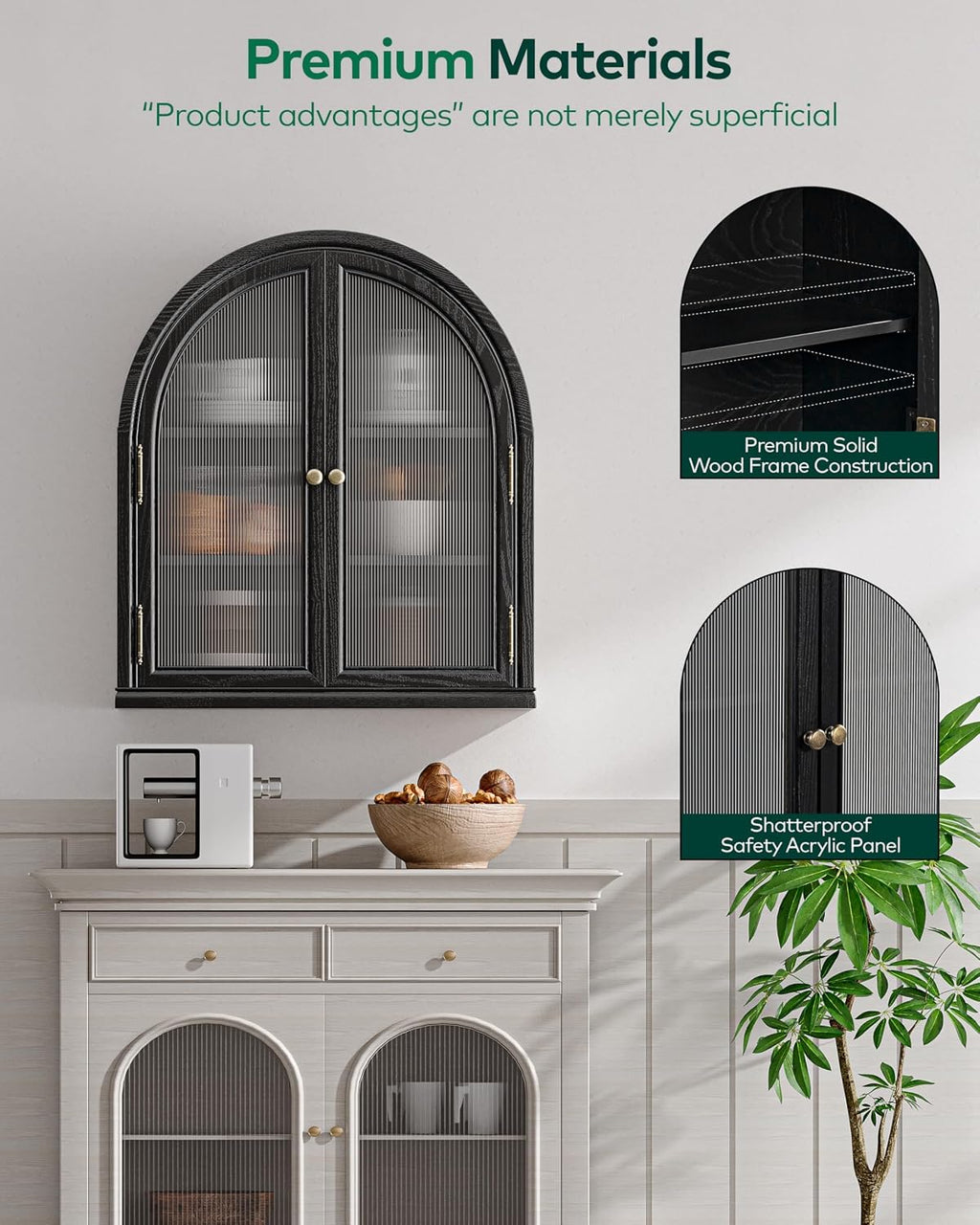 Chogori Solid Wood Arched Bathroom Wall Cabinet, 27x24x9 Inch Over The Toilet Storage Cabinet with Acrylic Doors & 3 Adjustable Shelves, Wall Mounted Cabinet for Bathroom, Kitchen, Laundry Room, Black