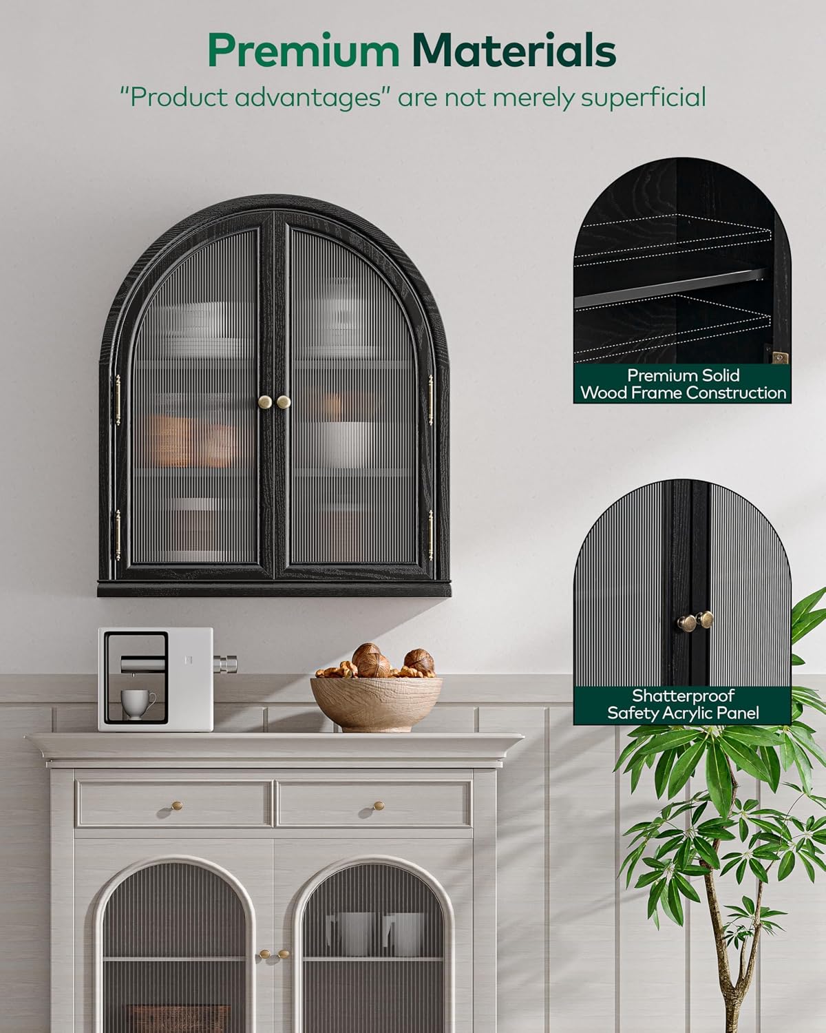 Chogori Solid Wood Arched Bathroom Wall Cabinet, 27x24x9 Inch Over The Toilet Storage Cabinet with Acrylic Doors & 3 Adjustable Shelves, Wall Mounted Cabinet for Bathroom, Kitchen, Laundry Room, Black