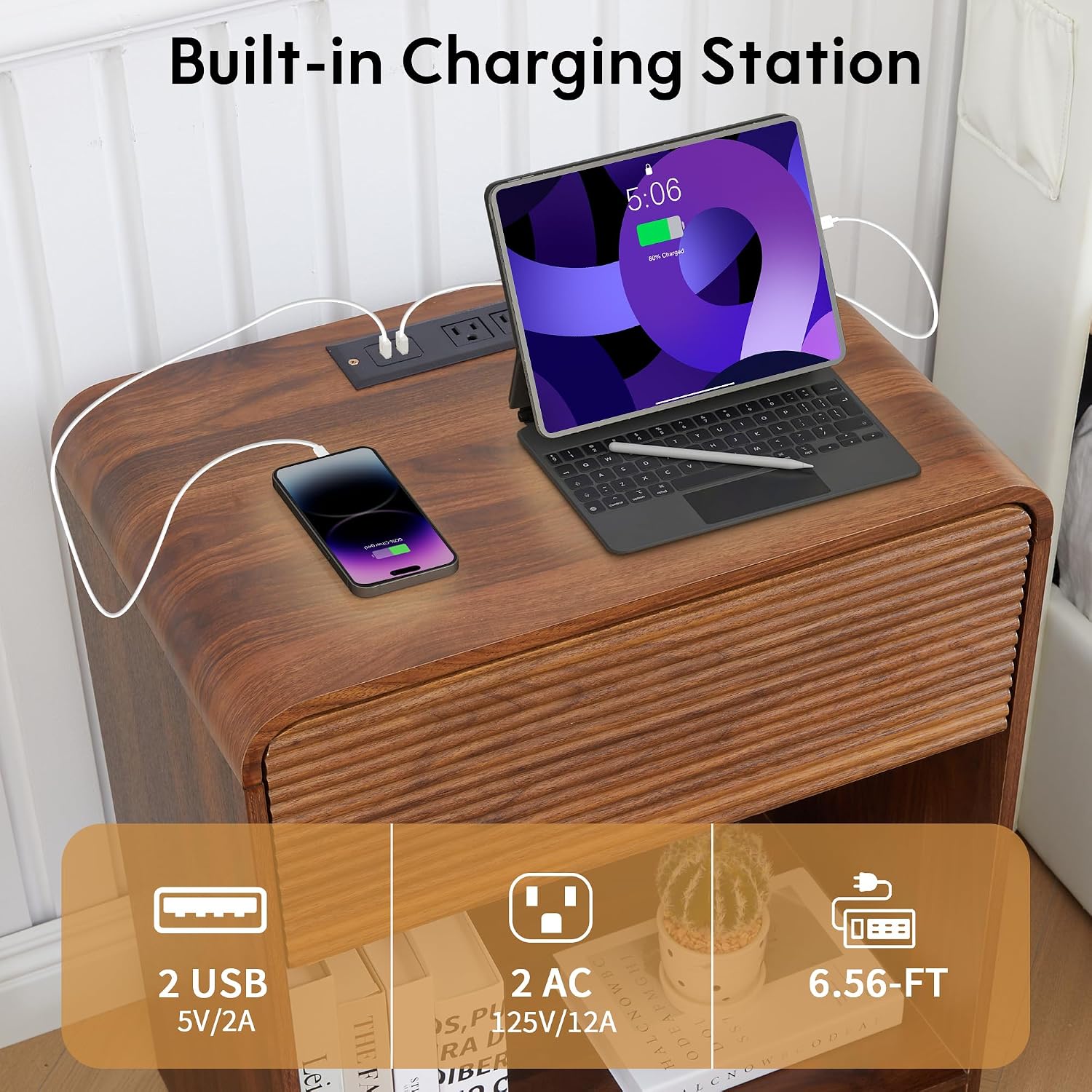 Set of 2 Fluted Side Table with Charging Station, Mid Century Modern End Table Nightstand with Drawer Storage, Large Wood Bedside Tables Night Stands for Small Space Bedroom Living Room Office, Walnut