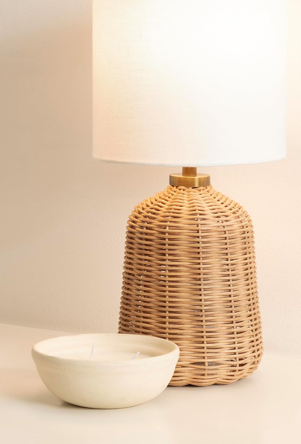 Kate and Laurel Wylla Modern Rattan Bedside Table Lamp, 8 x 8 x 18, Natural Rattan, Decorative Woven Tabletop Desk Lamp with Linen Shade for Living Room Decor