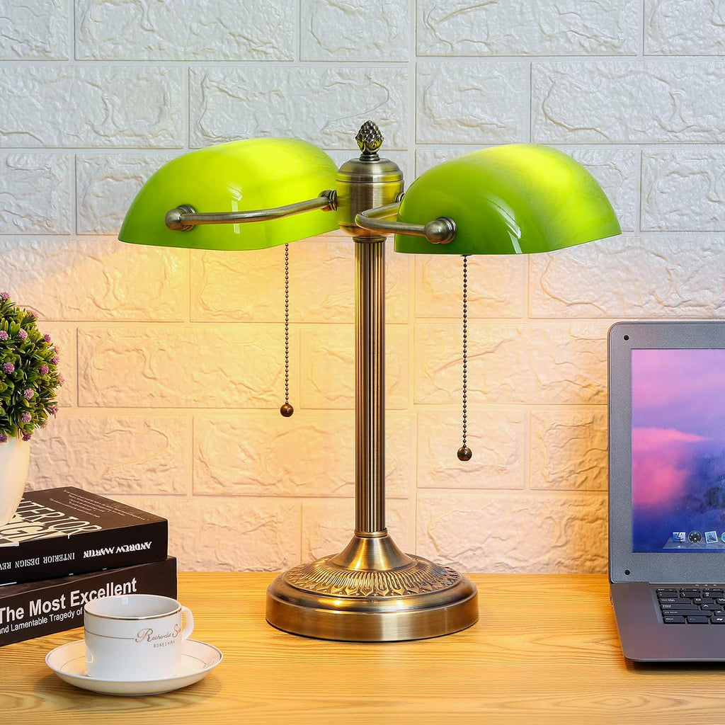 Green Double Head Glass Bankers Desk Lamp with Pull Chain Switch Plug in Fixture for Library, Office, Cafe