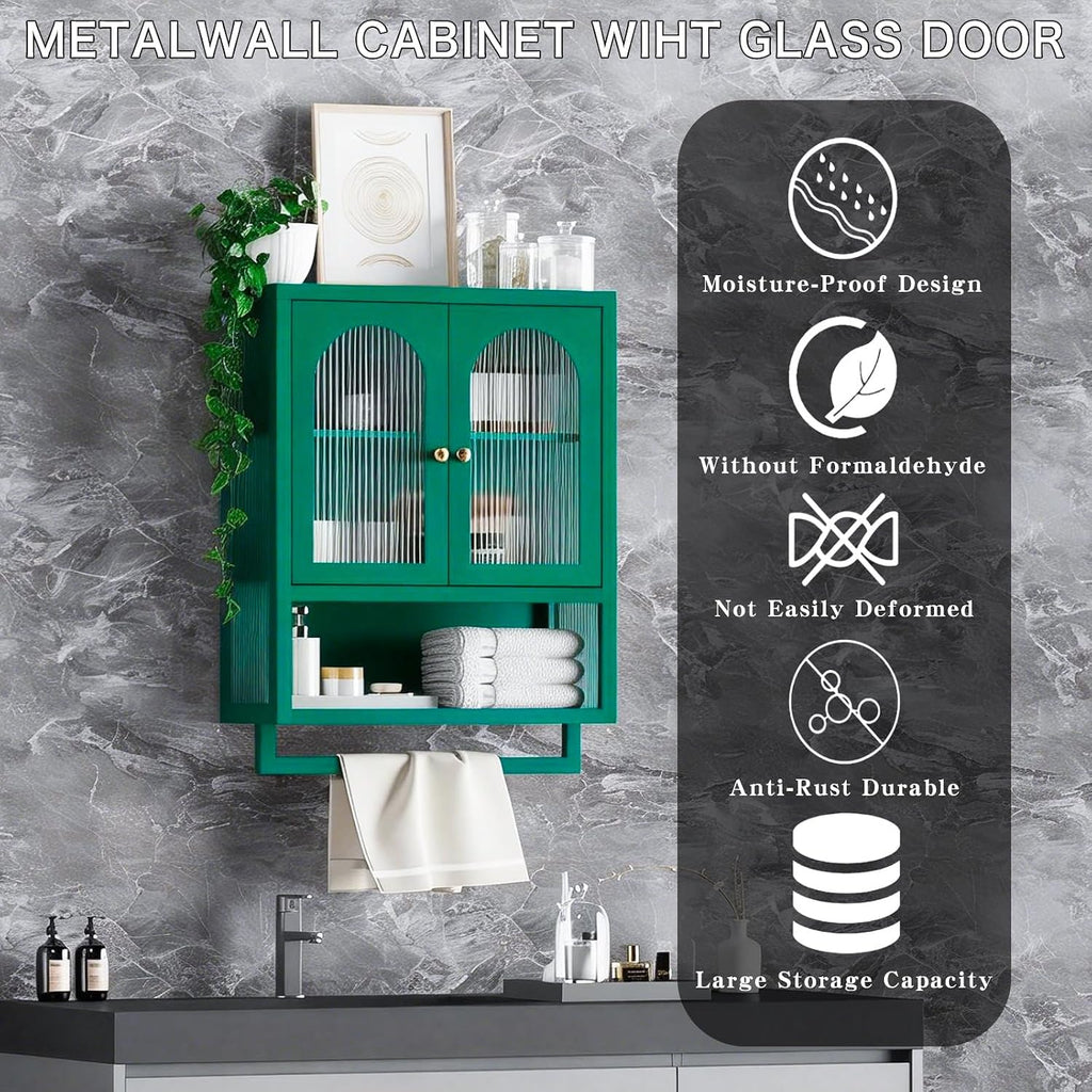 ALBAD Metal Bathroom Wall Cabinet with Fluted Glass Door and Towel Bar Wall-Mounted Medicine Cabinets Above the Toilet for Modern Bathroom, Kitchen, Garage, Laundry Room, Green