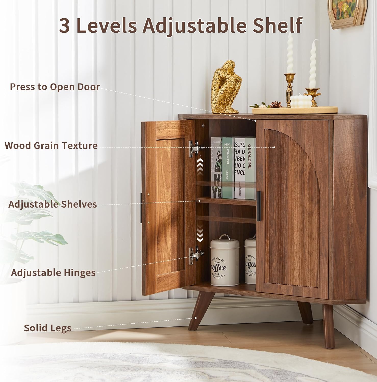 BERRYMERRY Fluted Corner Cabinet with Storage,Space Saving Corner Floor Cabinet with Adjustable Shelve & Arched Profile Door for Living Room Kitchen Bathroom (Brown, 15.7'D x 31.5'W x 30.7'H)