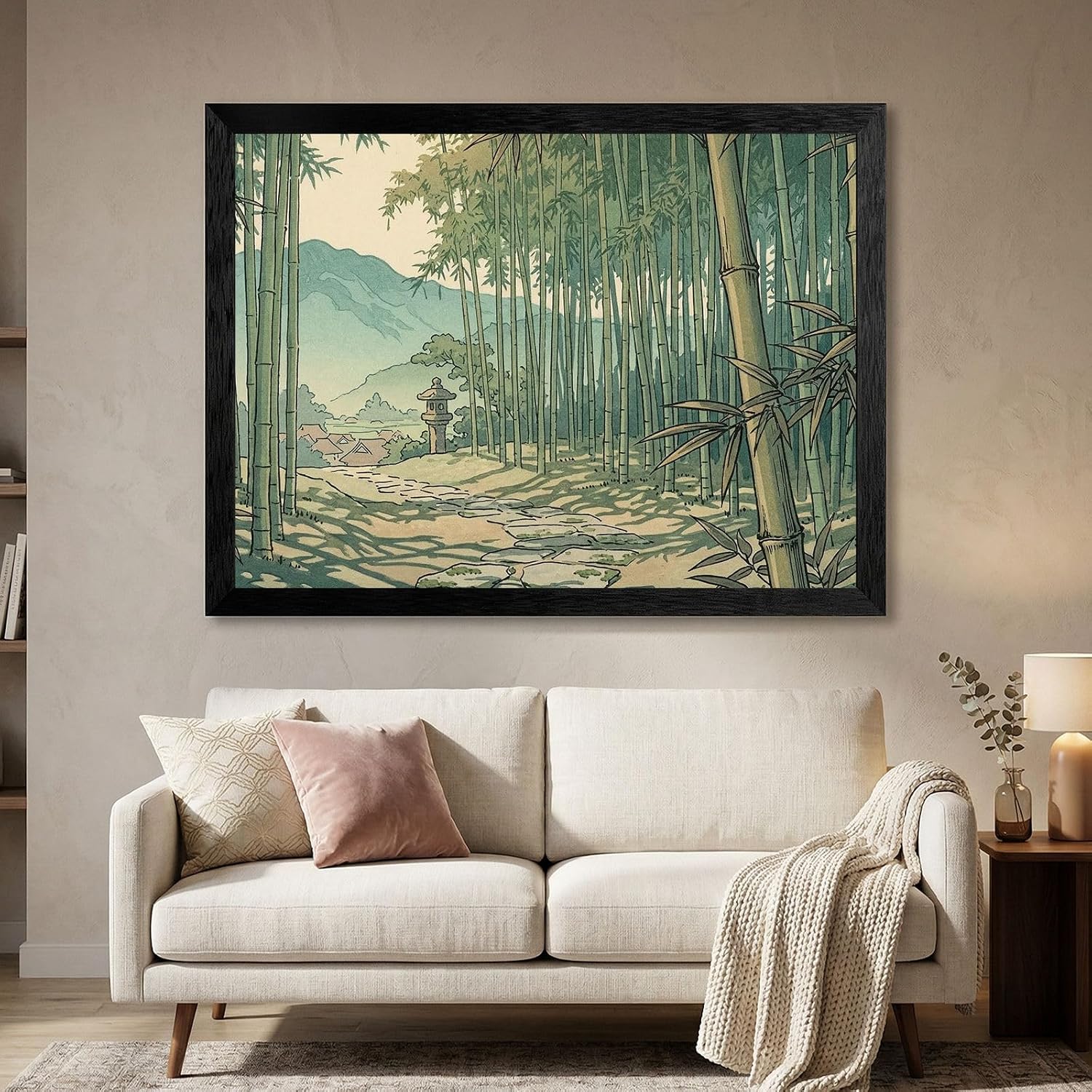Framed Wall Art - Tranquil Bamboo Grove Japanese Style Woodblock Print in Premium Black Frame - Midday Nature Landscape Decor - Ready to Hang 16x20-24x36 Inch
