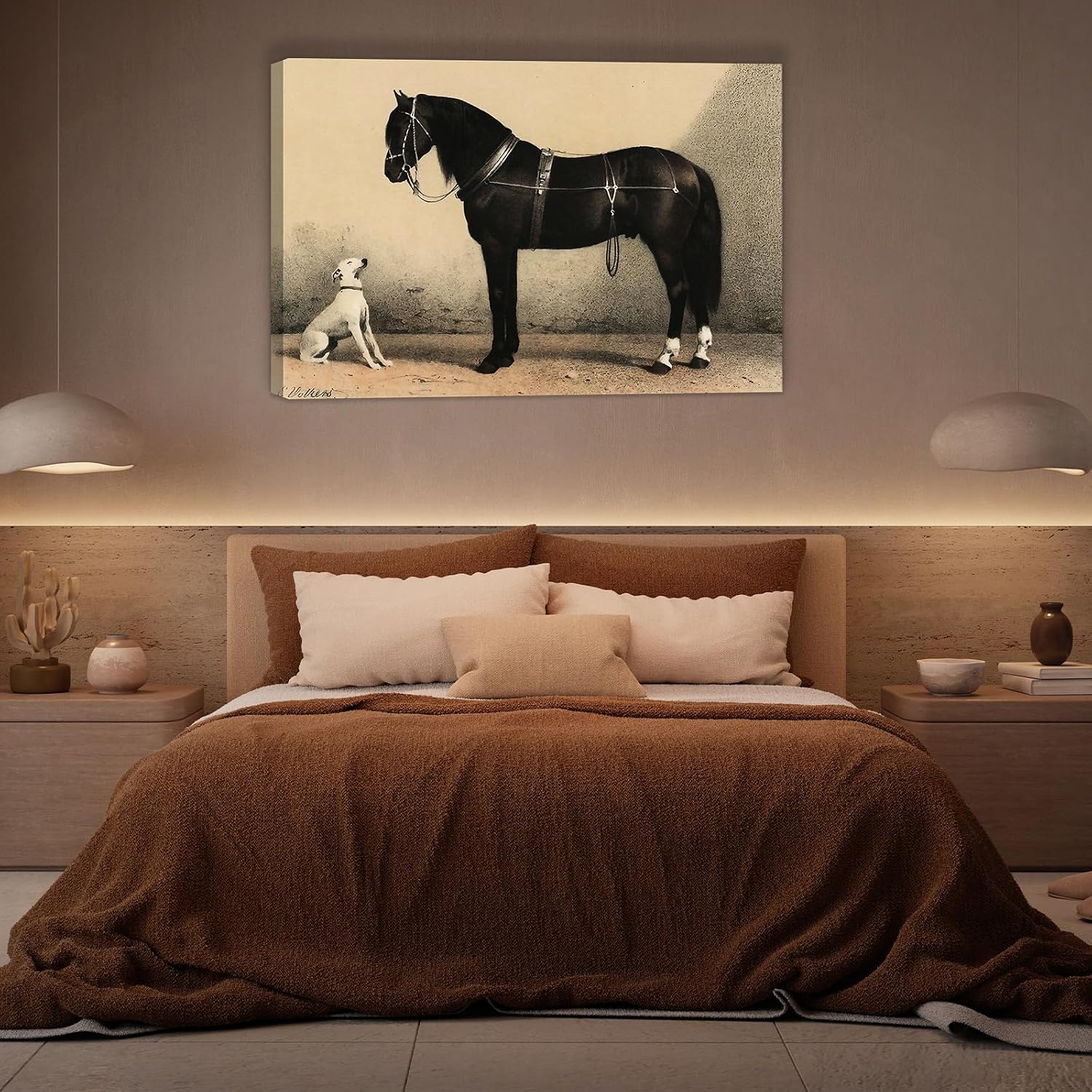 HoozGee Orloff Horse Art Prints by Emil Volkers Built-in Wooden Framed A Black Horse and A White Dog Classic Vintage Oil Painting Canvas Prints Gallery Wall Decor (48'x36' FRAME)