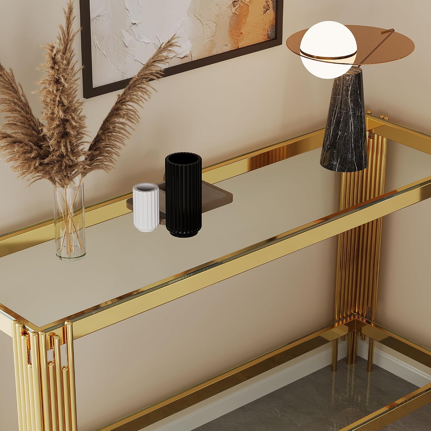 55' Glass Gold Console Table Luxury 2-Tier Sofa Table for Living Room, Rectangular Modern Entryway Hall Table with Clear Glass Top & Golden Stainless Steel Legs