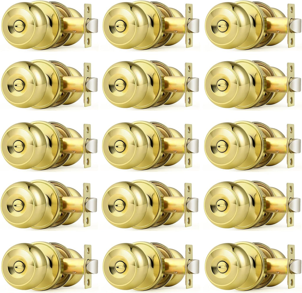 Probrico Polished Brass Door Knobs, Interior Door Knobs with Round Ball Knob, Nickel Privacy Door Knob for Bedroom Bathroom, 15 Pack
