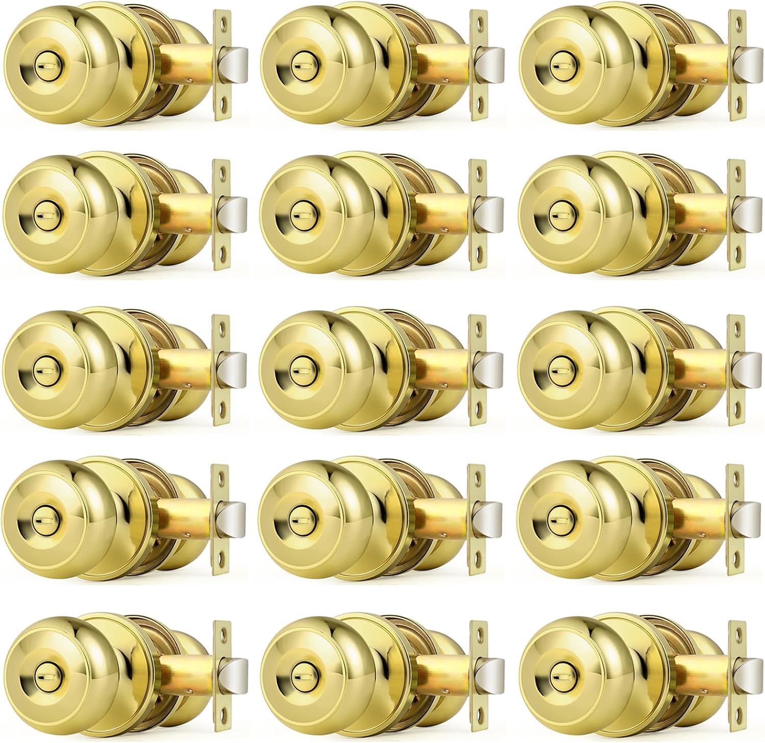 Probrico Polished Brass Door Knobs, Interior Door Knobs with Round Ball Knob, Nickel Privacy Door Knob for Bedroom Bathroom, 15 Pack