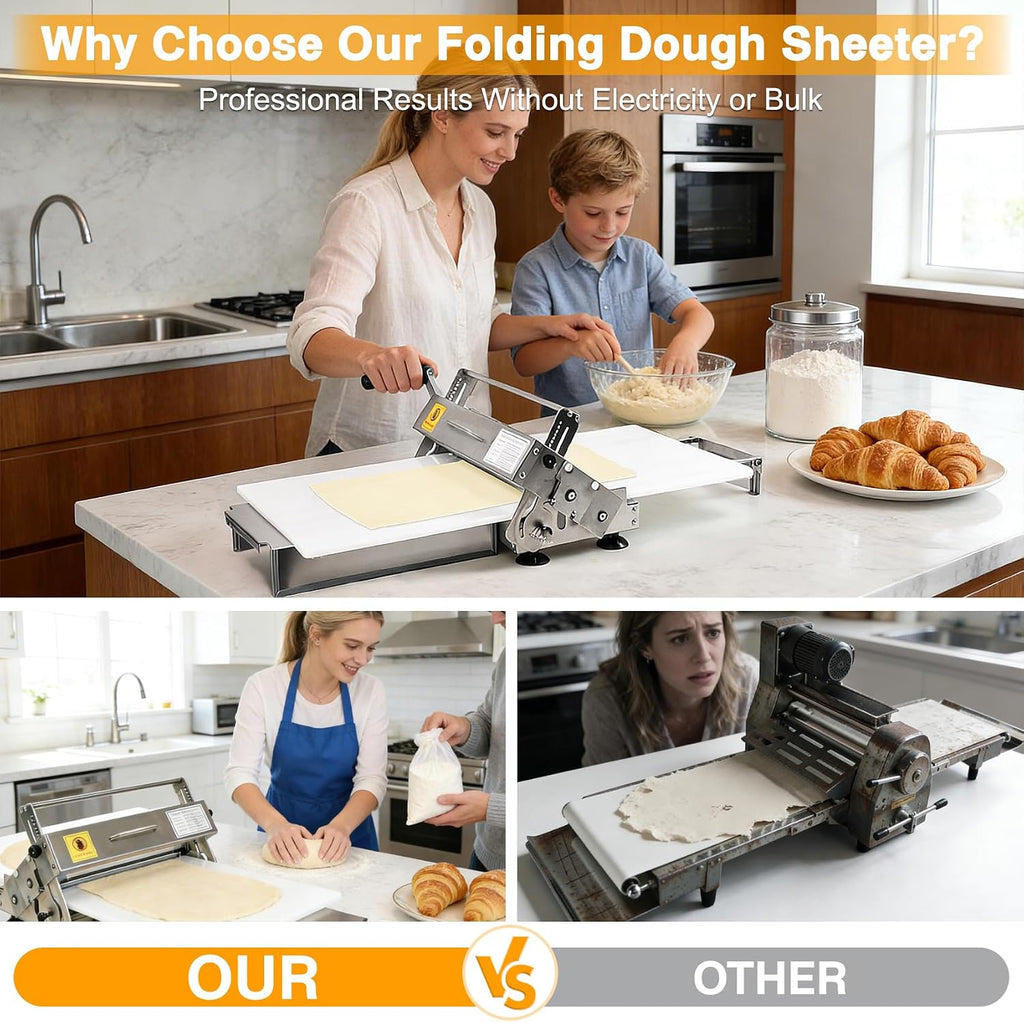 Foldable Dough Sheeter, Dough Laminator, Manual Dough Roller Machine with Adjustable Thickness, Stainless Steel Body, Food-Grade PE Panel,for Croissant, Pizza,Pasta,Eggs Tart,Space-Saving Kitchen Tool