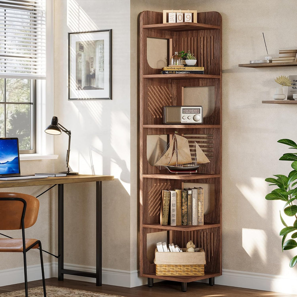 Tribesigns 6-Tier Corner Bookshelf, Tall Narrow Corner Shelf Bookcase with Hollow Design, Farmhouse Skinny Display Shelf for Living Room, Bedroom, Small Space, Brown
