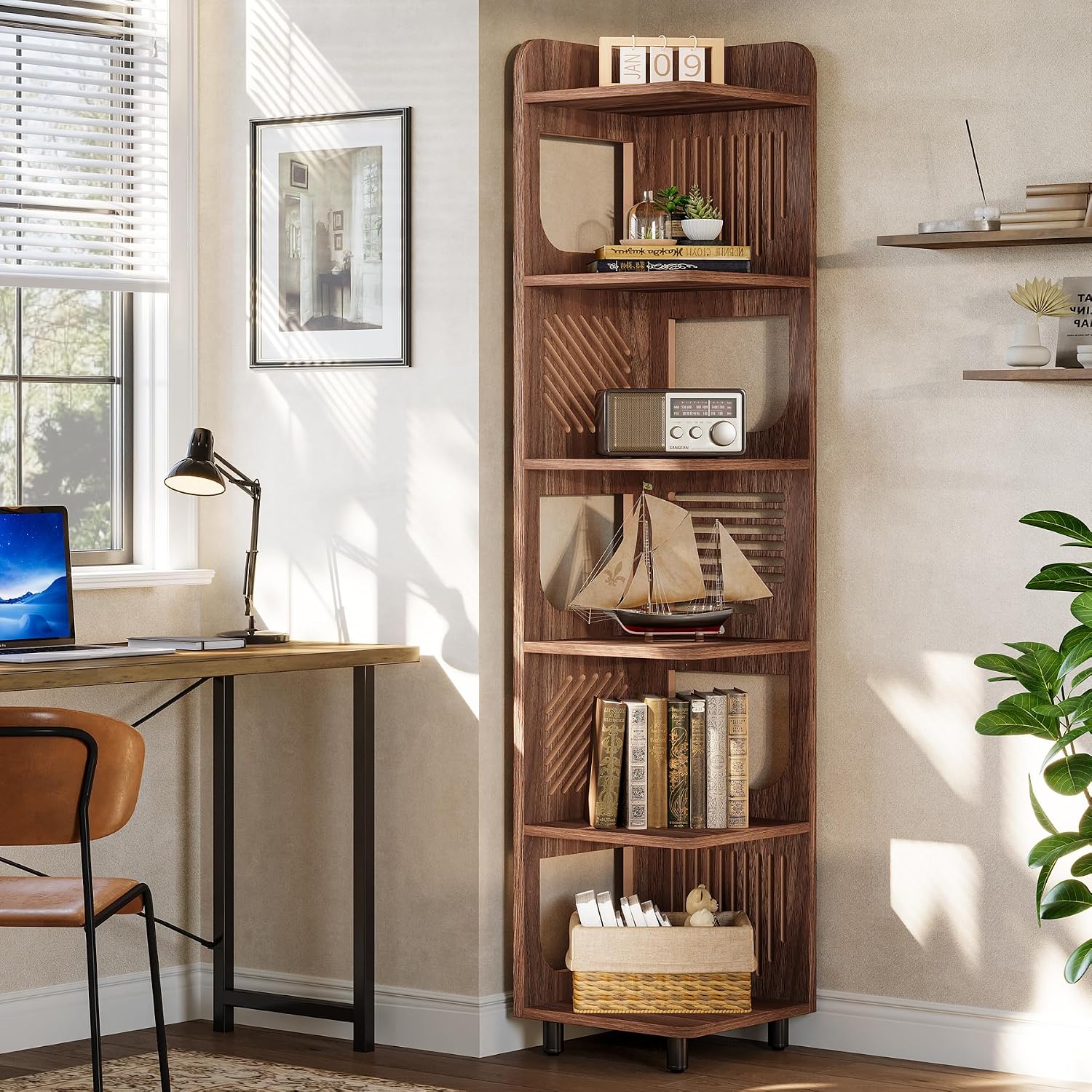 Tribesigns 6-Tier Corner Bookshelf, Tall Narrow Corner Shelf Bookcase with Hollow Design, Farmhouse Skinny Display Shelf for Living Room, Bedroom, Small Space, Brown