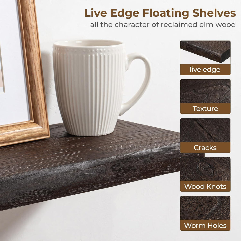 Axeman 55 inch Floating Shelves for Wall - 8'' D Live Edge Rustic Solid Elm Wood Floating Shelves Wall Mounted, Hanging Shelves with Invisible Bracket for Living Room Bedroom Kitchen, Walnut