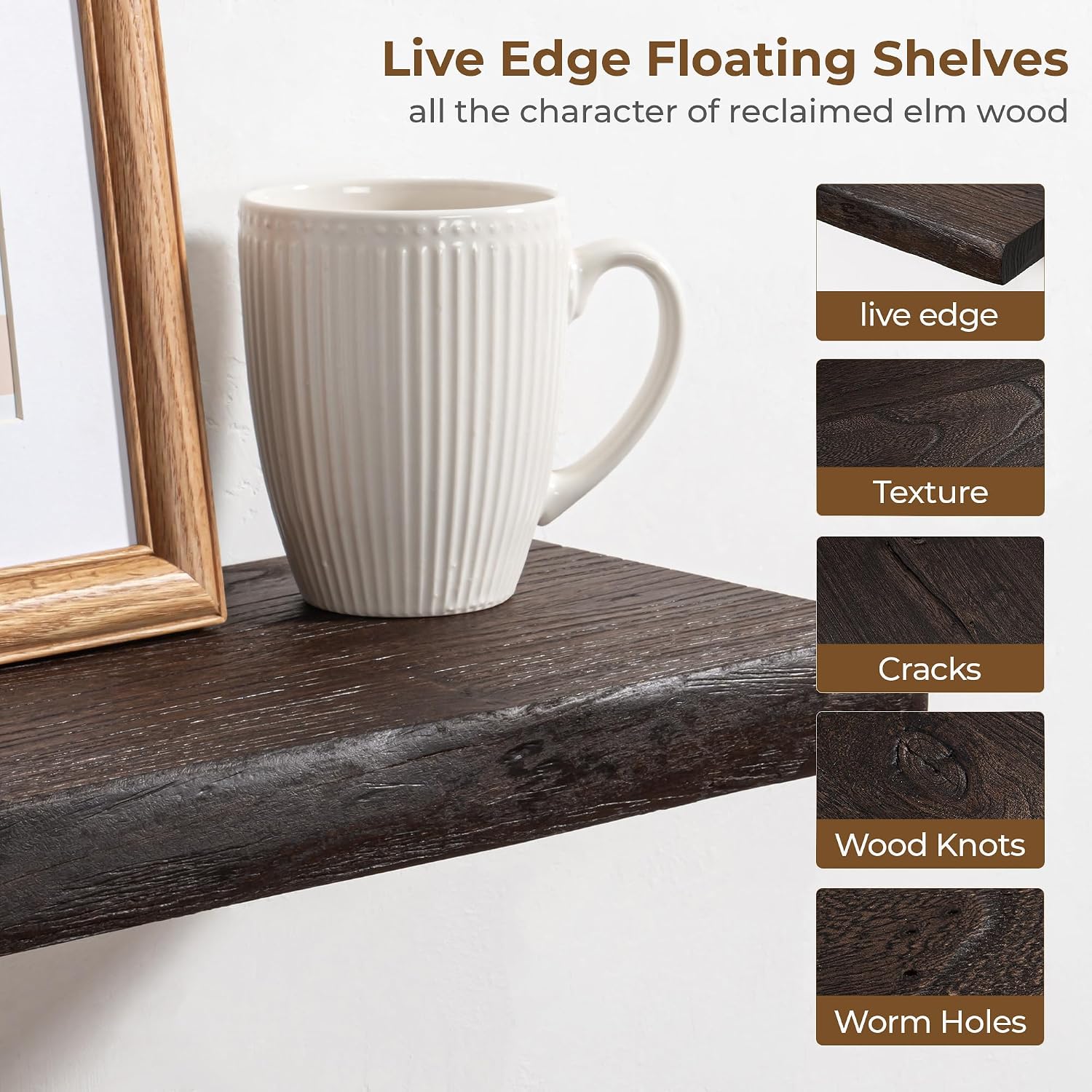 Axeman 55 inch Floating Shelves for Wall - 8'' D Live Edge Rustic Solid Elm Wood Floating Shelves Wall Mounted, Hanging Shelves with Invisible Bracket for Living Room Bedroom Kitchen, Walnut