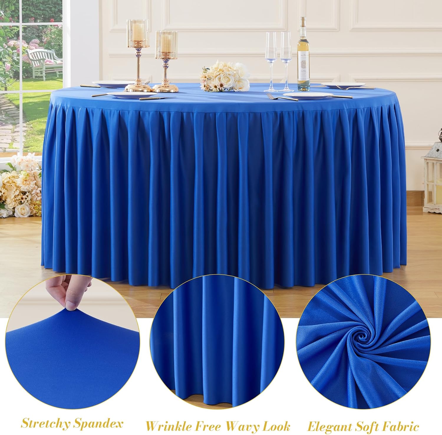 8 Pack Royal Blue Round Tablecloth 60 inch Stretch Spandex Fitted Table Cloth 5FT Round Banquet Tablecloths Wrinkle Free Table Cover Stitch Circle Tablecloth with Ruffle Skirt for Party Wedding