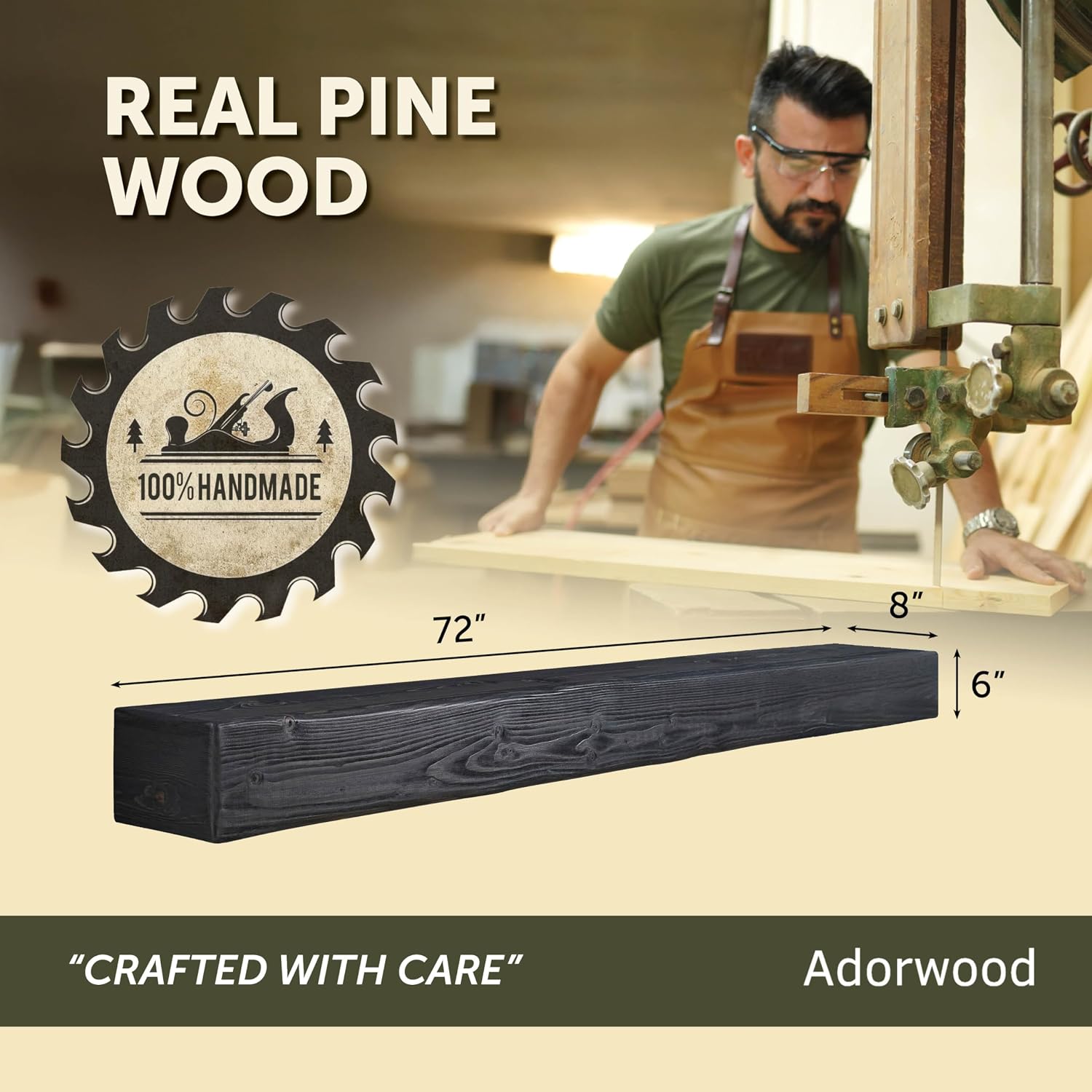 Handmade Fireplace Mantel Shelf, Extra Wide Rustic Wood Mantles for Over Fireplace, Wall Mounted Floating Mantel Shelves for Living Room Decor (Ebony, 72 inches)