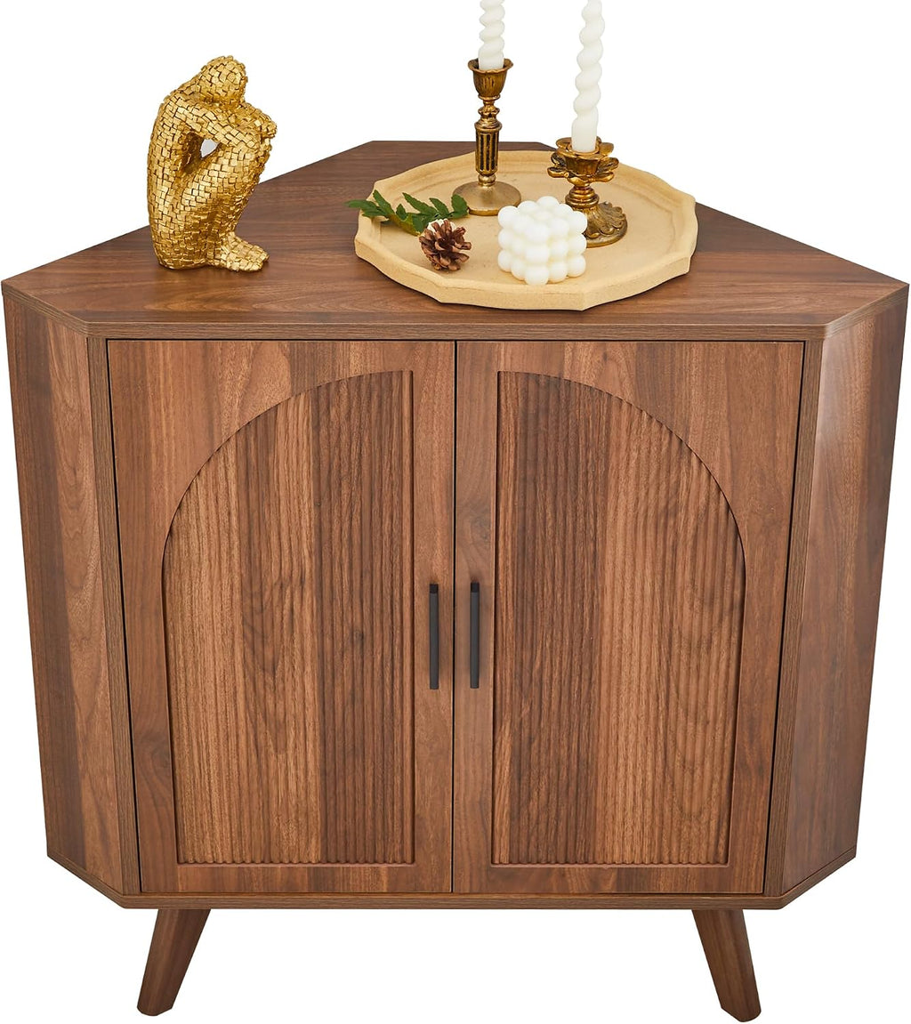 BERRYMERRY Fluted Corner Cabinet with Storage,Space Saving Corner Floor Cabinet with Adjustable Shelve & Arched Profile Door for Living Room Kitchen Bathroom (Brown, 15.7'D x 31.5'W x 30.7'H)