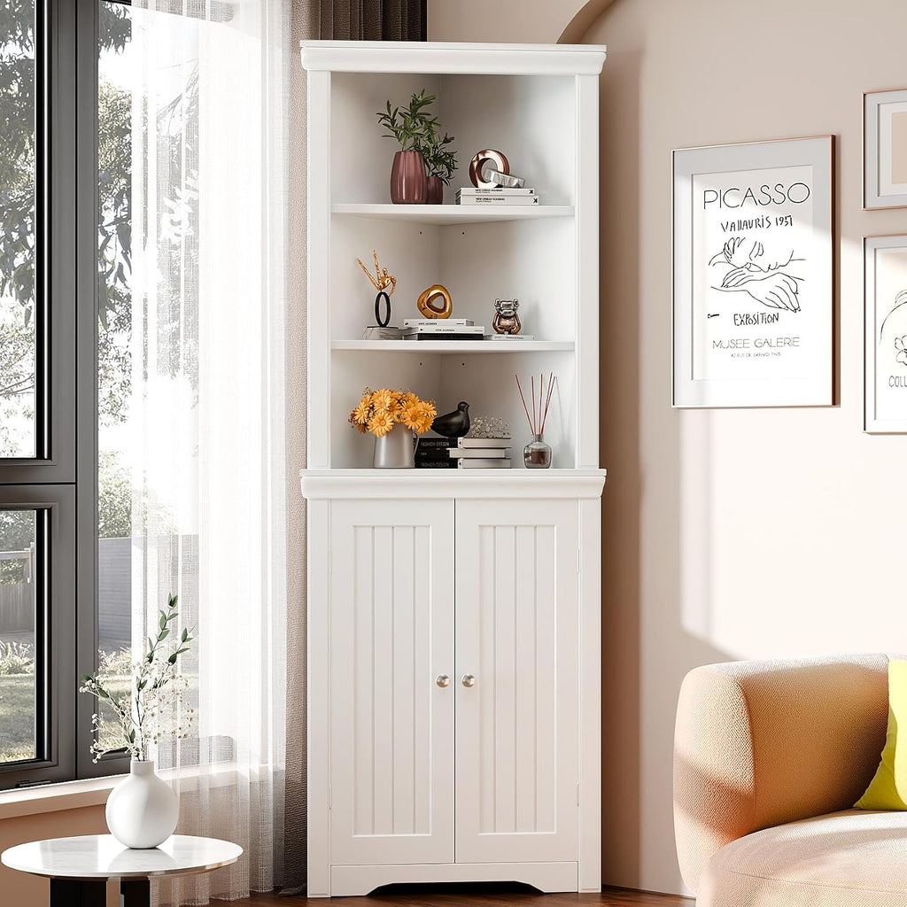 Furmax 62' Corner Cabinet, Bathroom Storage Cabinet with 6 Adjustable Shelves & 2 Doors, Freestanding Corner Shelf for Living Room, Bathroom, Kitchen (White)