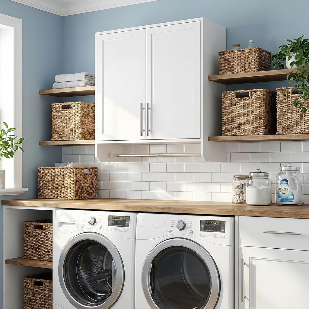 29.5'' Wall Cabinet with Towel Bar, Laundry Room Cabinets Wall Mounted, Bathroom Wall Cabinet, Adjustable Shelf, Shaker Door, White