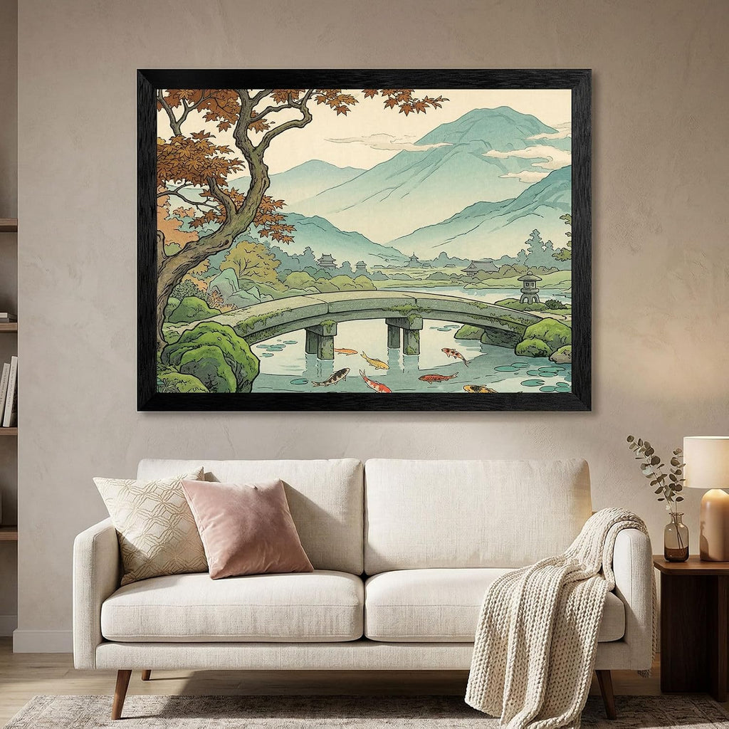 Framed Wall Art - Black Frame Serene Japanese Garden Style Print - Peaceful Stone Bridge and Koi Pond Landscape - Ready to Hang Modern Home Decor - 24x36 Inch
