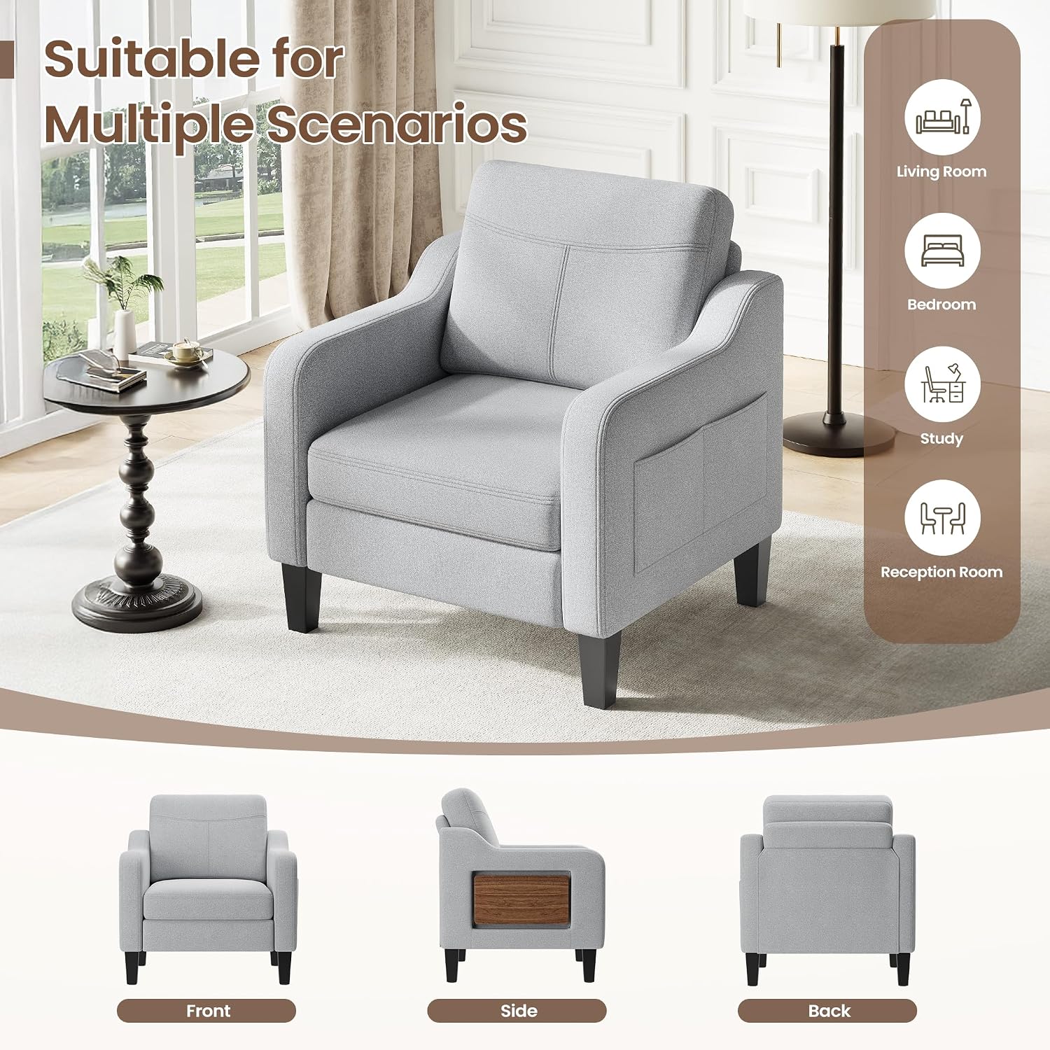 Accent Chair for Living Room Modern Linen Upholstered Armchair Side Wooden Fabric Sofa Chair with Foldable Table 2 Side Pockets Comfy Reading Chair for Bedroom