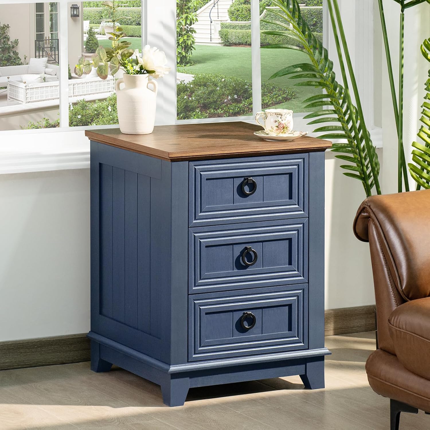 Joaxswe Night Stand Set of 2, Farmhouse 18' End Table with 3 Drawer Metal Handle, Dresser for Bedroom, Sofa Bed Side Table Chest of Drawers,Wood Nightstand Cabinet for Organizer, Living Room-Blue