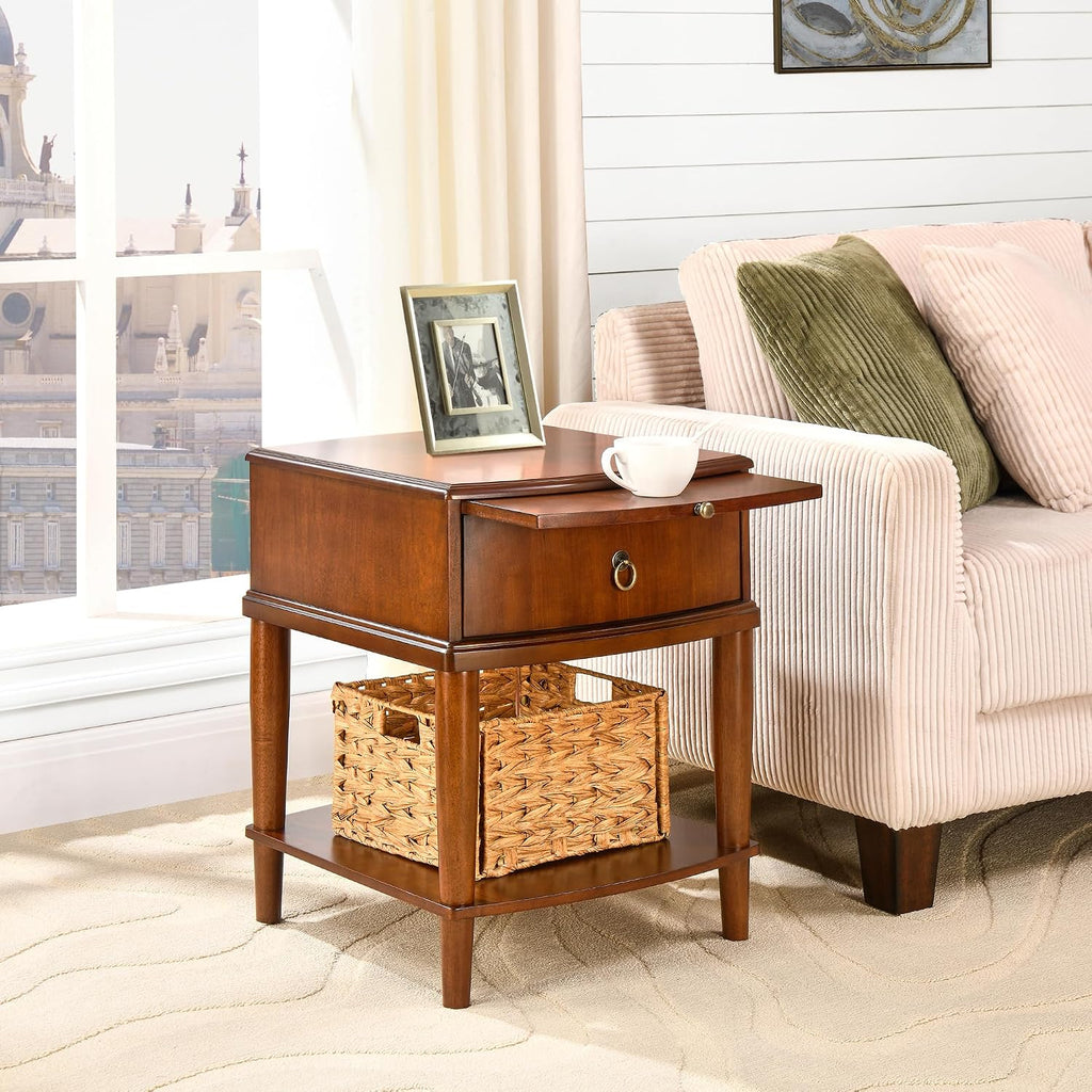 2 Tier Solid Wood Square End Table with Drawer, Wooden Sofa Side Table with Pull-Out Tray & Lower Shelf, Nightstand Bedside Table for Living Room Bedroom, 19.7x17.7x22.8in