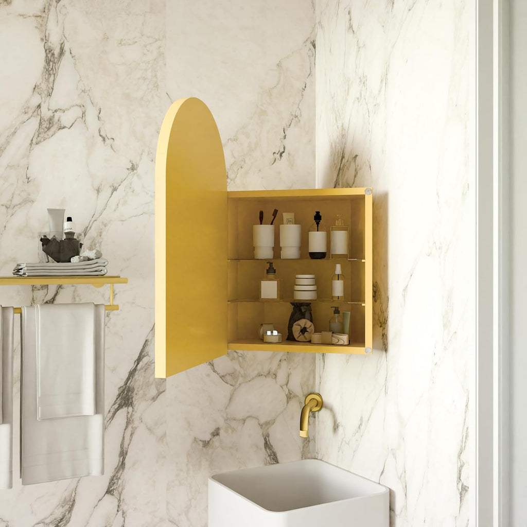 18x24 Inch Metal Corner Medicine Cabinet with Arched Mirror, Matte Gold, Adjustable Tempered Glass Shelves, Space-Saving Wall-Mounted Bathroom Storage Organizer for Small Bathrooms