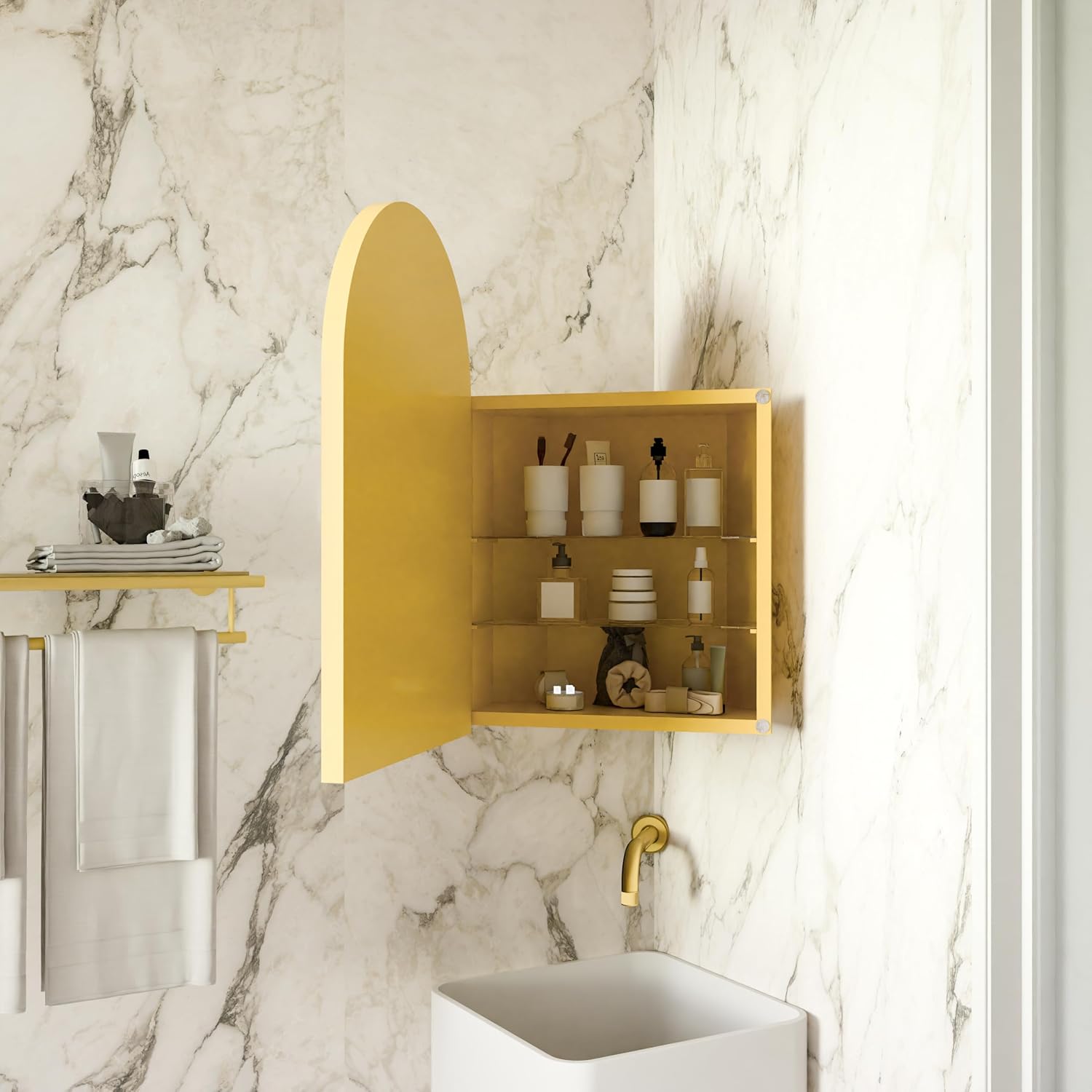 18x24 Inch Metal Corner Medicine Cabinet with Arched Mirror, Matte Gold, Adjustable Tempered Glass Shelves, Space-Saving Wall-Mounted Bathroom Storage Organizer for Small Bathrooms