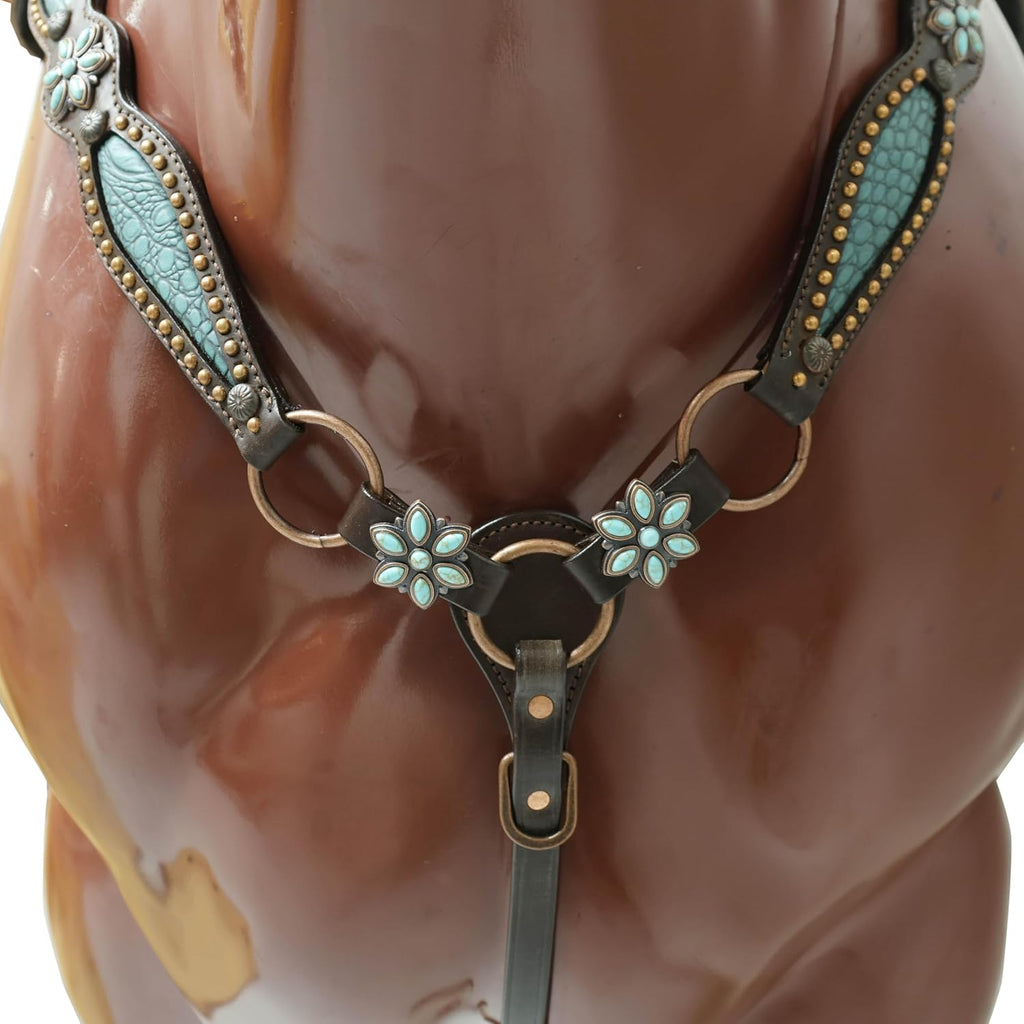 Western Leather Headstall and Breast Collar Tack Set – Turquoise Flower Conchos, Copper Ring & Alligator Inlay with Copper Studs – Genuine Argentina Cowhide