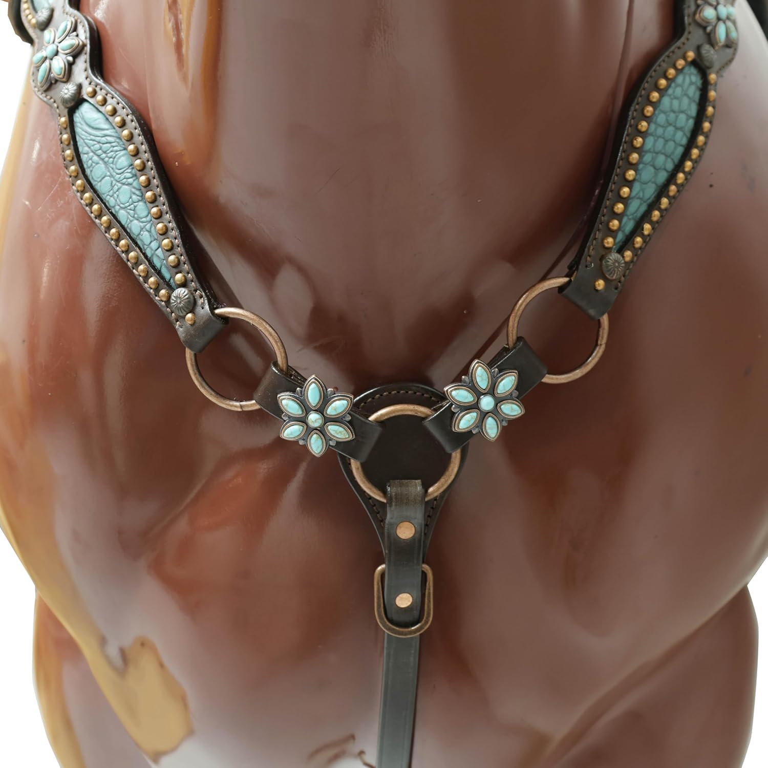 Western Leather Headstall and Breast Collar Tack Set – Turquoise Flower Conchos, Copper Ring & Alligator Inlay with Copper Studs – Genuine Argentina Cowhide