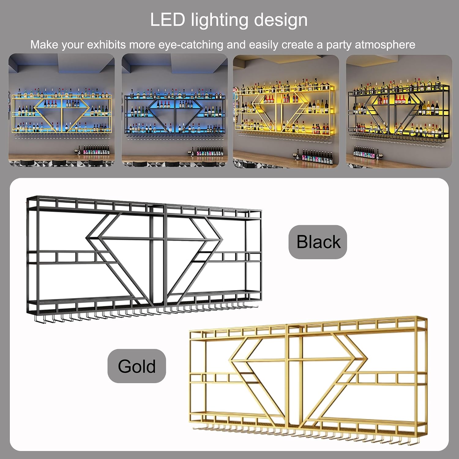 LED Wall Mounted Wine Bottle Holder & Glass Rack, Mobile Bar Shelf for Home, Kitchen & Dining Room, Black-Yellow Light, 240cm (94in) - Stylish Wine Storage Solution