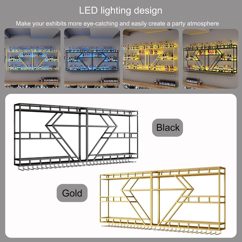 Wall-Mounted Wine Bottle Holder with LED Light, Black-Yellow Mobile Bar for Home & Kitchen, 79in Stylish Corner Storage, Wine Glass Rack, Perfect Dining Room Decor