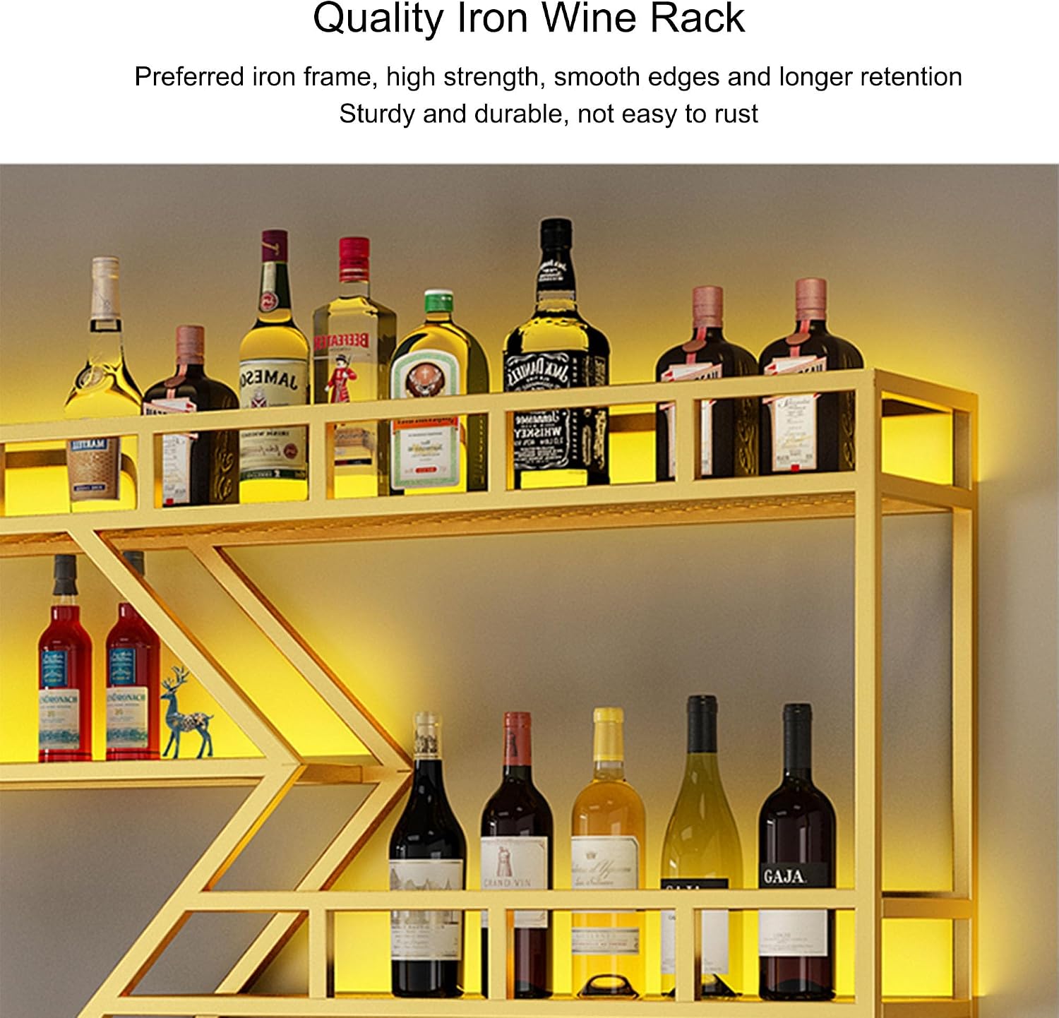 Wine Rack Wall Mounted Bar Shelves with Hanging Wine Glass Holder Rack and LED Light Liquor Bottle Display Shelf Floating Bar Shelves Whiskey Shelf Kitchen Wall Cabinet for Home Bar Cafe Dining Room (