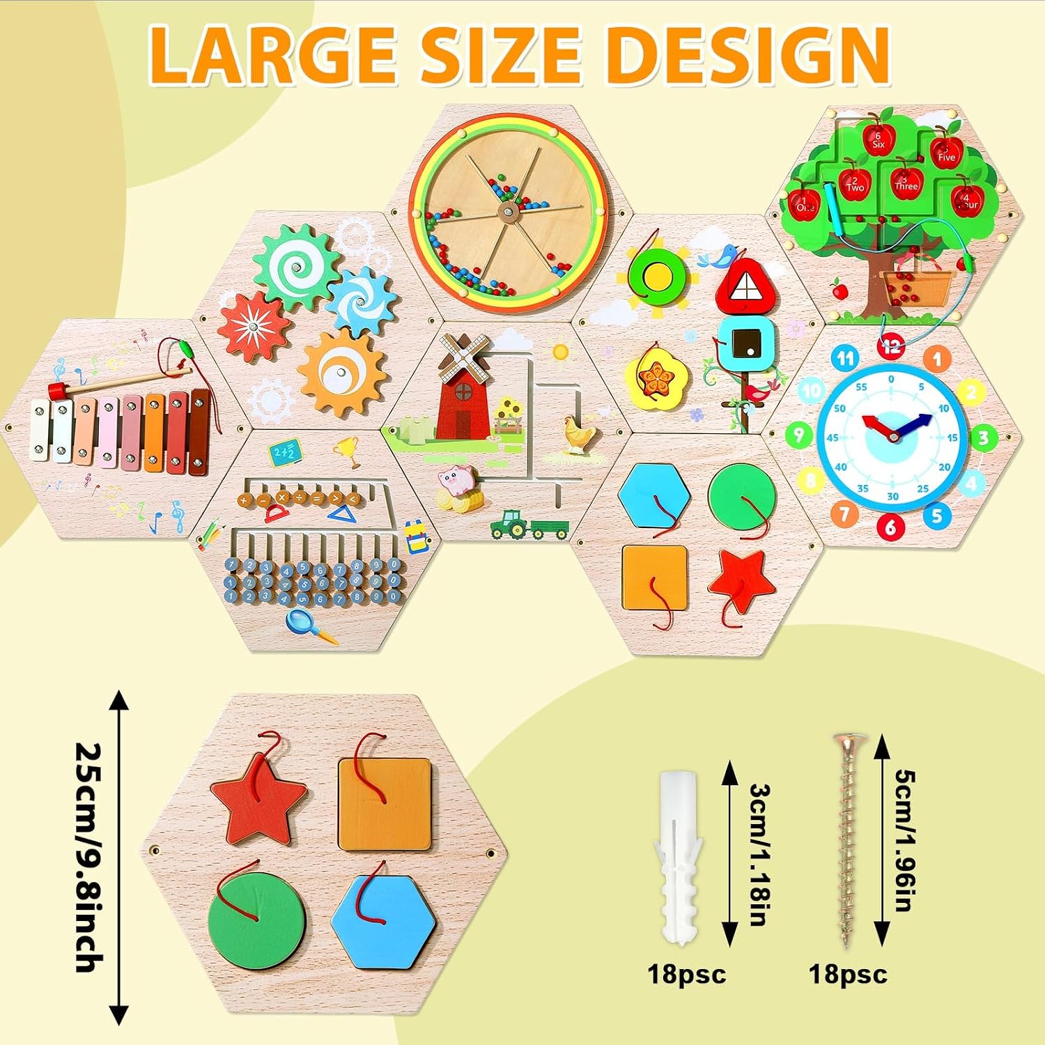 9Pcs Hexagon Activity Wall Busy Board Panels, Wooden Sensory Wall Panel for Kids, Montessori Learning Activity Center, Educational Toys for Toddler Playroom Daycare Nursery Classroom Birthday Gifts
