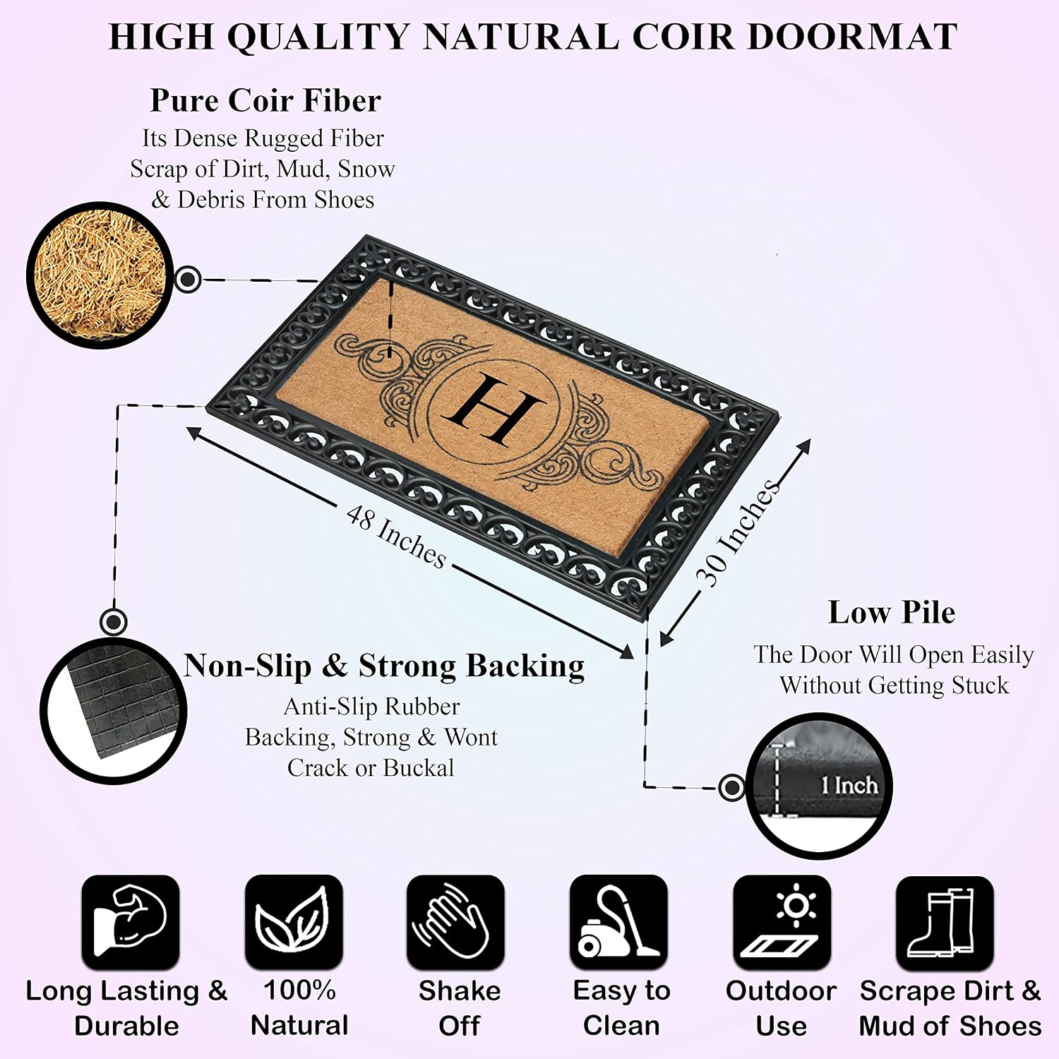 A1HC Natural Coir Monogrammed Doormat 30'x48', Anti-Shed Treated Durable Front Door Mat for Outside Entrance, Heavy Duty, Low Profile, Easy to Clean, Long Lasting Entrymat - H, Floral Black