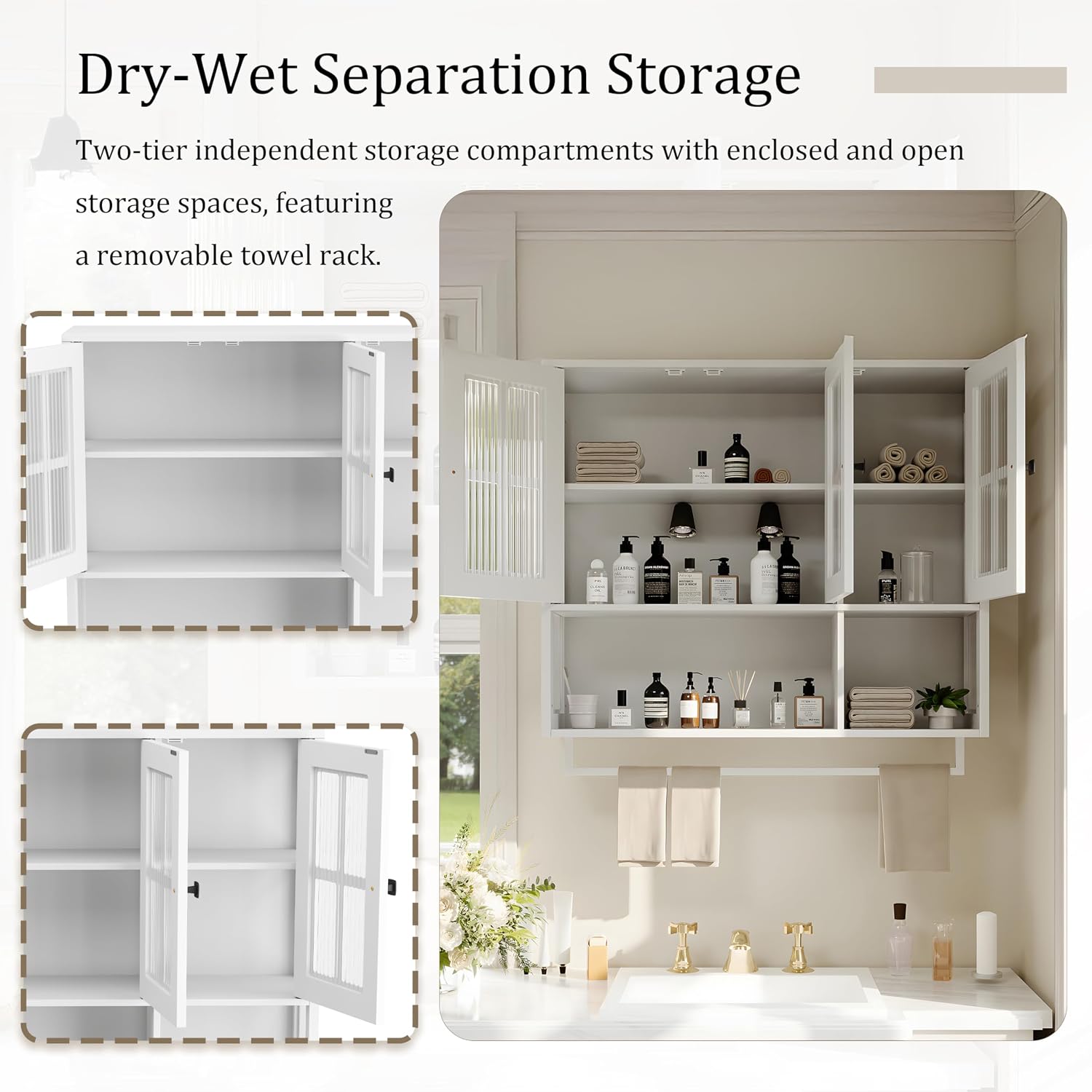 Polibi Wall Cabinet with Fluted Glass, Modern Wall-Mounted Storage with Towel Bar, Removable Shelves, Minimalist Design for Entryway Living Room Bathroom Dining Room, Easy Assembly, White