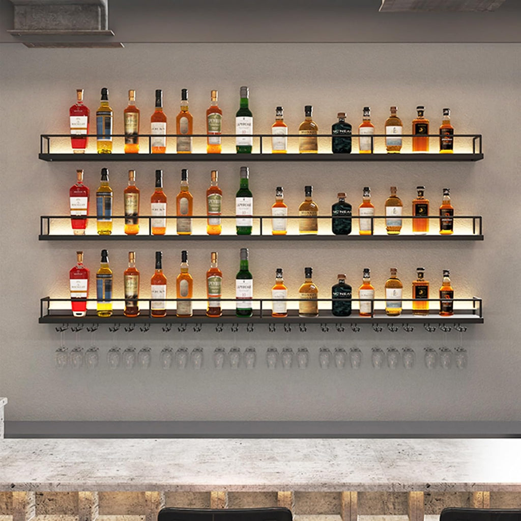 Wine Rack Wall Mounted Floating Bar Shelves with Hanging Wine Glass Holder Rack Liquor Bottle Display Shelf with LED Light for Liquor Bottles for Home Bar Dining Room Living Room Kitchen(Black,100cm(3
