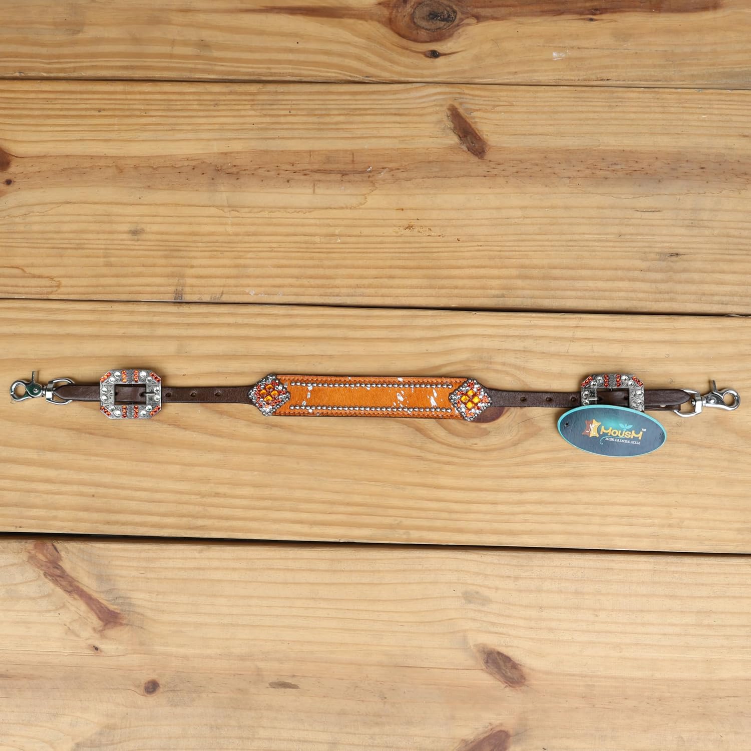 Handmade Western Headstall, Breast Collar, Spur Strap, Wither Strap Tack Set for Horse with Orange and Silver Metallic Acid Wash Cowhide Look