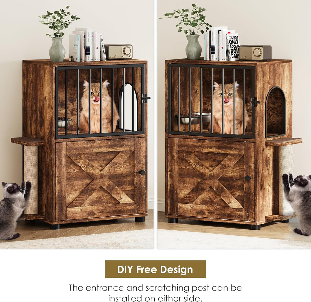 Cat Feeding Station, Dog Proof Cat Feeding Station with Scratching Post, Elevated Food Bowls with Stand, Cats Tree with Food Storage for Small Spaces, Pet House Furniture (Vintage)