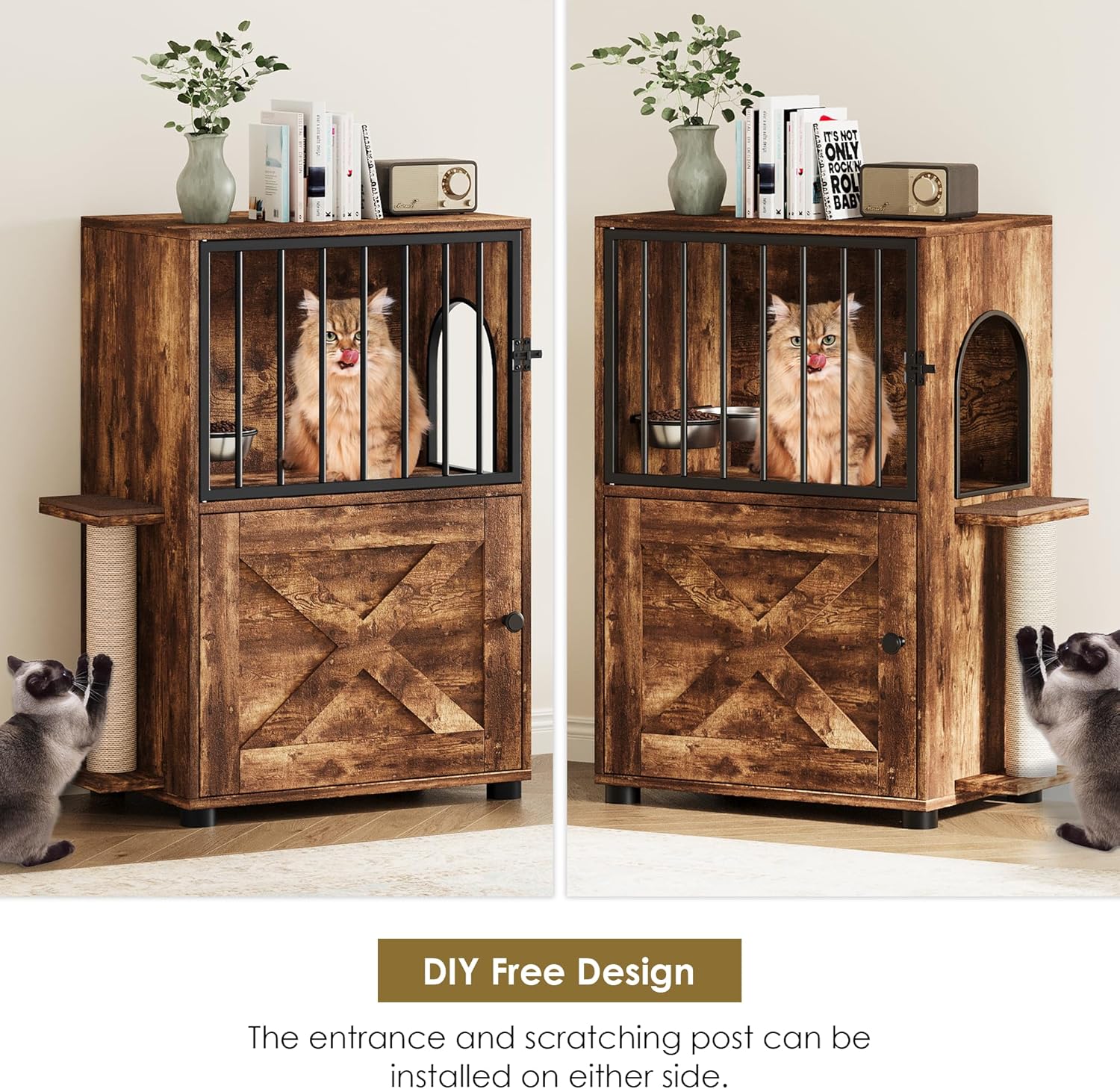 Cat Feeding Station, Dog Proof Cat Feeding Station with Scratching Post, Elevated Food Bowls with Stand, Cats Tree with Food Storage for Small Spaces, Pet House Furniture (Vintage)