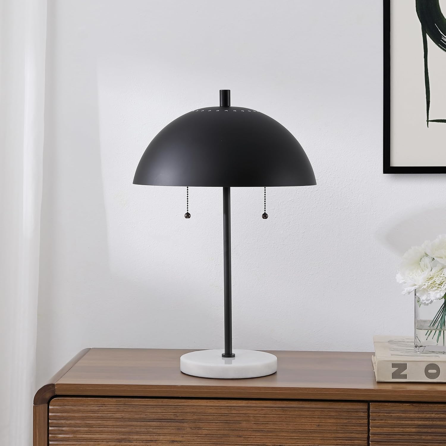 JONATHAN Y 20.7' Black/White Marble 2-Light LED Table Lamp for Modern Bedside Decor, Glam Desk Lamp, Gold Metal Dome Shade, Pull Chain Switch, Bulbs Included (JYL1071B)