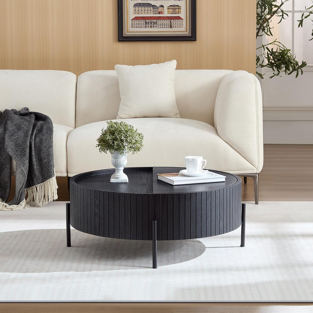 Wooden Round Coffee Table with Storage, 31.49' Mid Century Modern Fluted Coffee Table, Unique Circle Center Table Accent Sofa Side End Tea Table for Living Room Apartment, Black