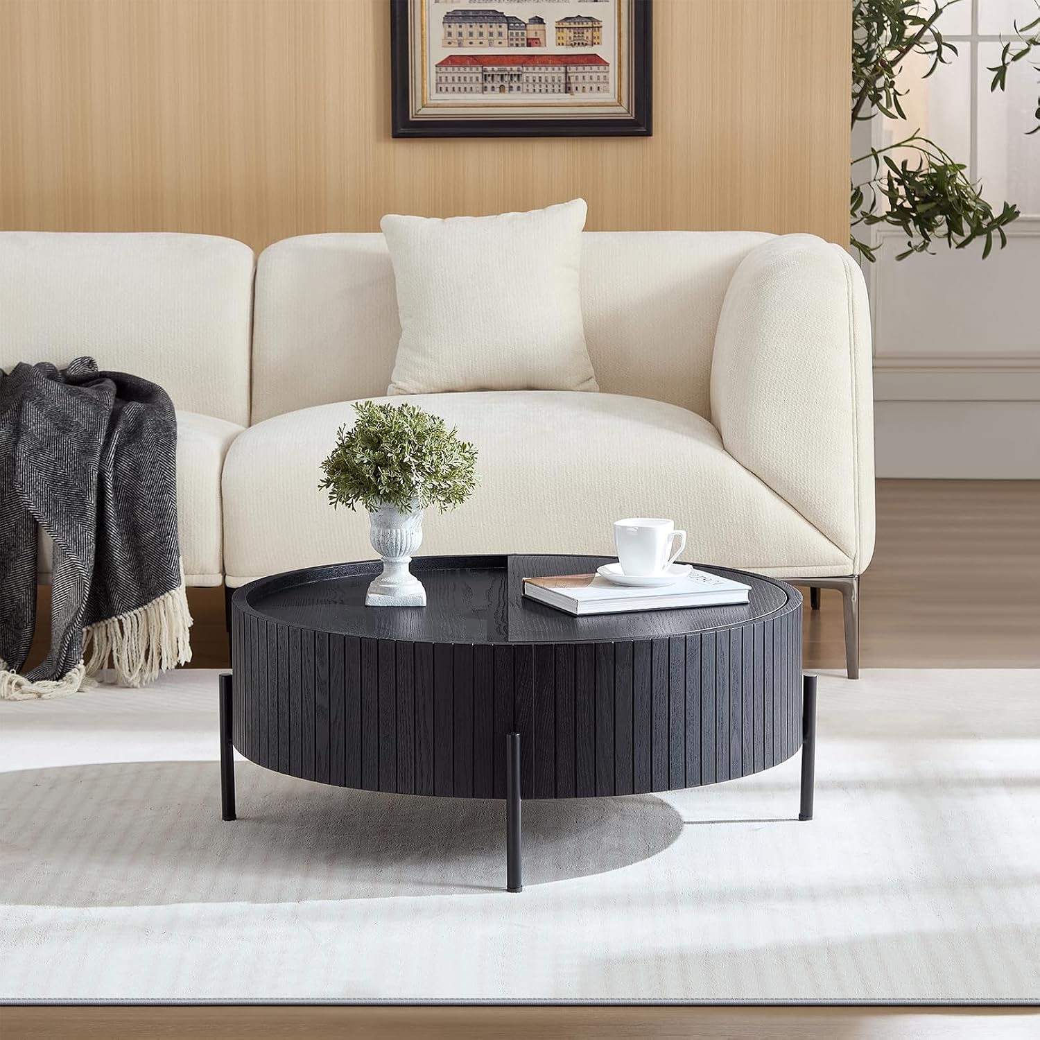 Wooden Round Coffee Table with Storage, 31.49' Mid Century Modern Fluted Coffee Table, Unique Circle Center Table Accent Sofa Side End Tea Table for Living Room Apartment, Black
