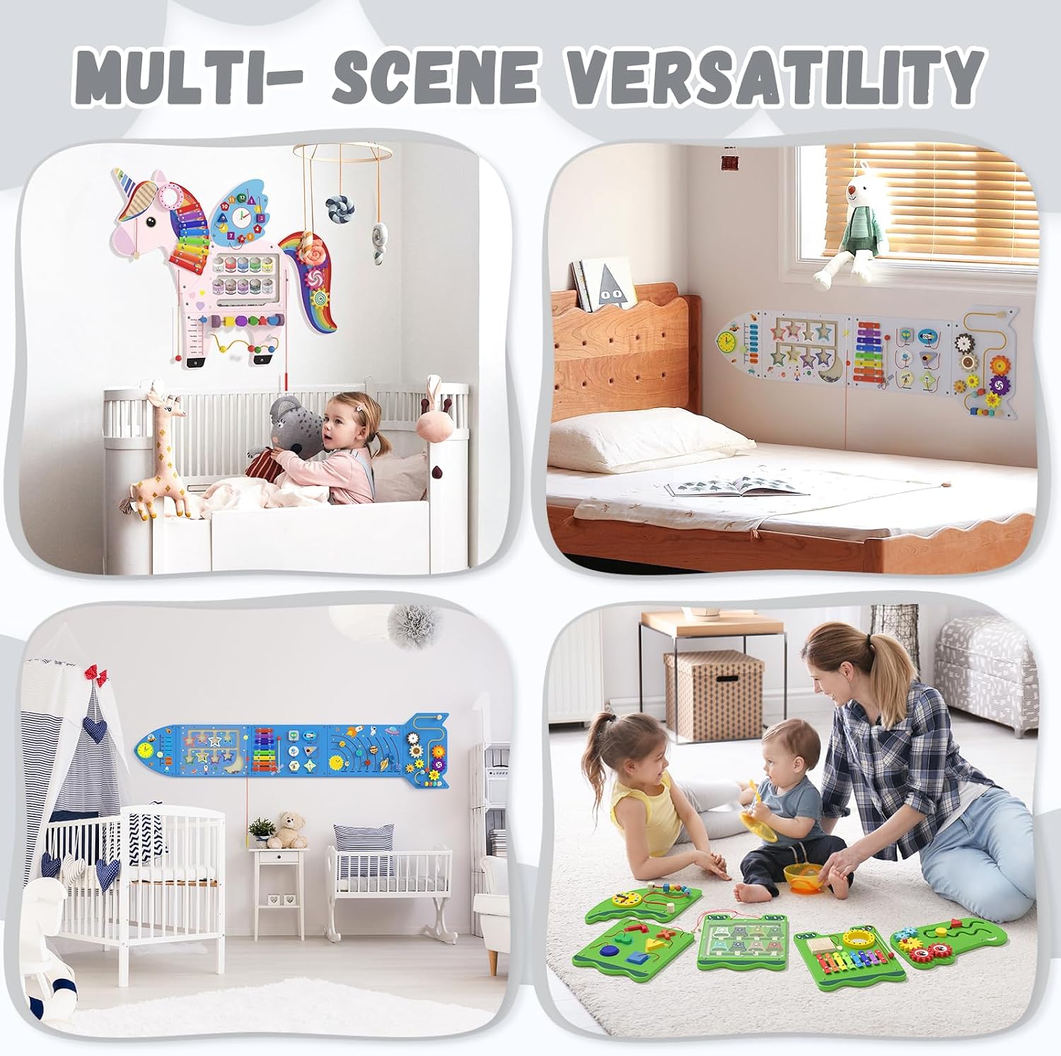 Rocket Activity Wall Busy Board Panels - Sensory Wall Panel for Kids, Montessori Toddler Wall Activity Board, Wall Toys for Toddlers 3, Activity Cube, Wood Activity Boards, White Grey