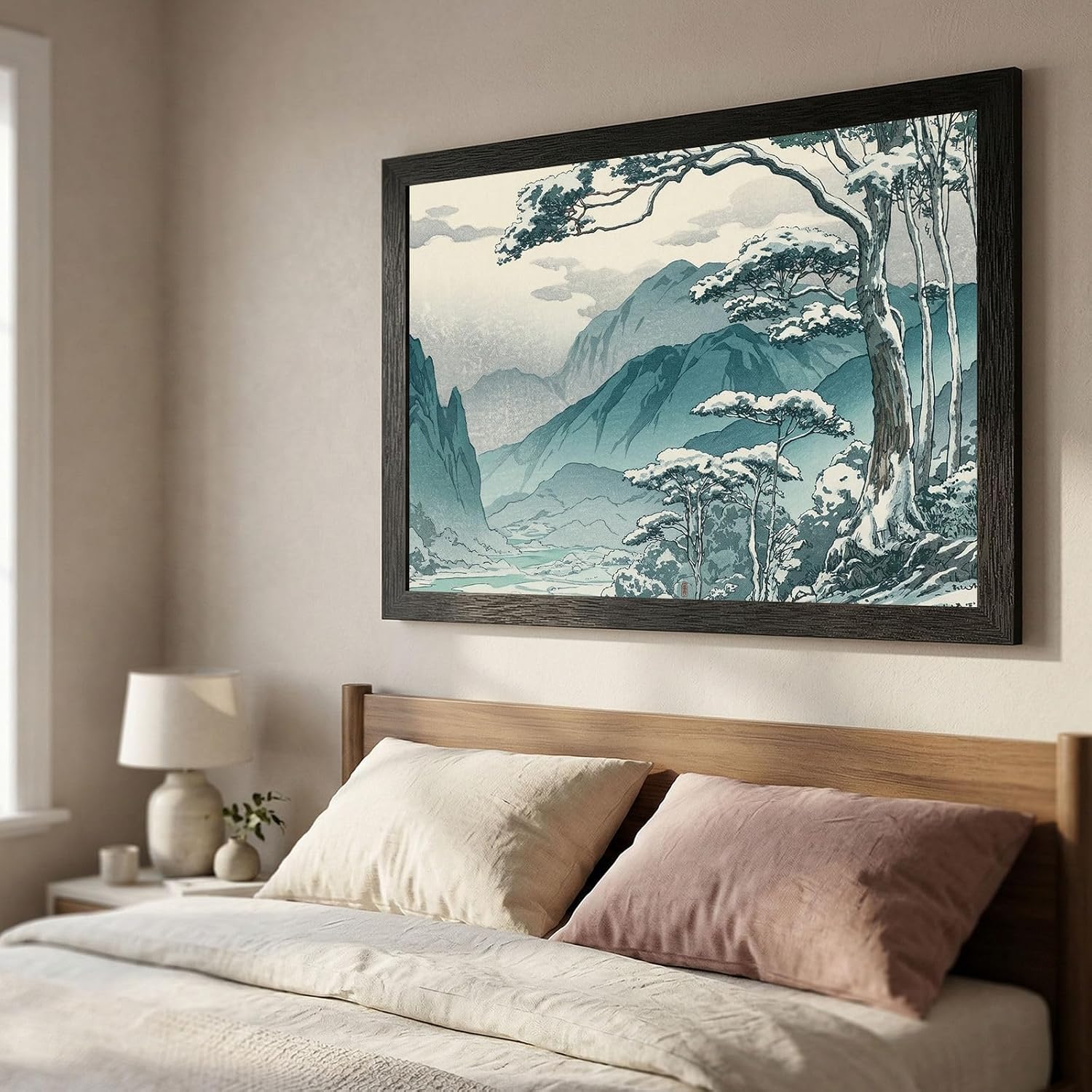 Framed Wall Art - Winter Mountain Pass Landscape in Black Frame - Japanese Woodblock Style Snowy Nature Print - Ready to Hang Home Decor - 24x36 Inch