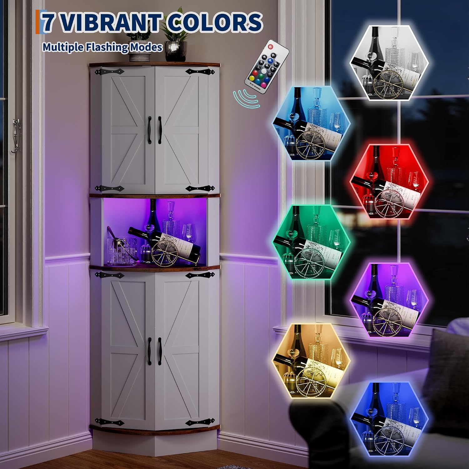 GarveeLife 64.6' Farmhouse Corner Bar Cabinet with LED Lights, Tall Freestanding Storage Liquor Cabinet with 4 Barn Doors, 5-Tier Shelves, USB Ports & Outlets, Corner Cabinet for Living Room, Kitchen